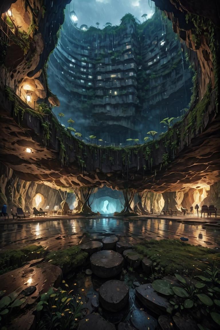 (FIRST PEOPLE PERSPECTIVE VIEW,  marvellous settlement,  spectacular ruins,  stonewalls,  maze:1.8), (settlement hidden in a cave dwelling:1.5), (Son Doong|sinkhole|underground_cave welling:1.4), (landscape architecture,  brutalist architecture:1.3), (large file,  super realistic,  4k,  8K,  16k,  FHD,  HD,  VFX,  perfect,  photograpy,  super high resolution,  cinematic photography:1.1), (extra long shot,  wide-angle lens,  POV,  DOF:1.2),  rich shadow, (harmonious color:1.1),  night,  lowlight,  lightless,  nightview, FUTURE_URBAN,  Apartment , furure_urban, future_skyline, urban,  badweather,  dark clouds,  horizontal decorative,  dark theme, city, badweather, dark clouds,  (dark theme:1.5), ,  heavy rain,  (raindrop details:1.4), , caveruinsPOV,  more detail XL,  science fiction,  extremely detailed structure,  futureurban, futureskyline, caveruinsPOV, cliffbuilding,<lora:EMS-59651-EMS:0.700000>,<lora:EMS-254948-EMS:0.200000>,<lora:EMS-255617-EMS:1.200000>