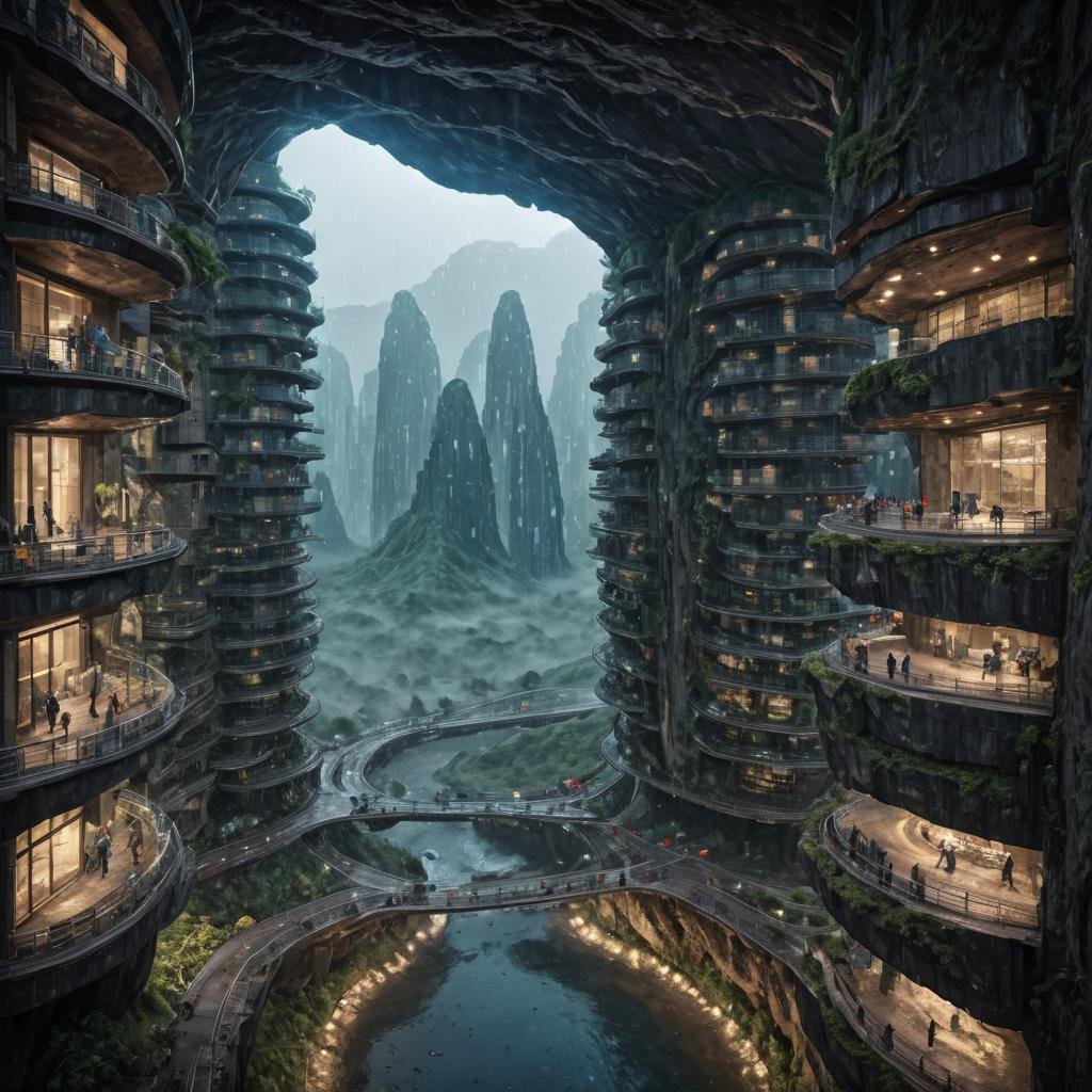 (FIRST PEOPLE PERSPECTIVE VIEW,  marvellous settlement,  spectacular ruins,  stonewalls,  maze:1.8), (settlement hidden in a cave dwelling:1.5), (Son Doong|sinkhole|underground_cave welling:1.4), (landscape architecture,  brutalist architecture:1.3), (large file,  super realistic,  4k,  8K,  16k,  FHD,  HD,  VFX,  perfect,  photograpy,  super high resolution,  cinematic photography:1.1), (extra long shot,  wide-angle lens,  POV,  DOF:1.2),  rich shadow, (harmonious color:1.1),  night,  lowlight,  lightless,  nightview, FUTURE_URBAN,  Apartment , furure_urban, future_skyline, urban,  badweather,  dark clouds,  horizontal decorative,  dark theme, city, badweather, dark clouds,  (dark theme:1.5), ,  heavy rain,  (raindrop details:1.4), , caveruinsPOV,  more detail XL,  science fiction,  extremely detailed structure,  futureurban, futureskyline, caveruinsPOV, cliffbuilding,<lora:EMS-59651-EMS:0.700000>,<lora:EMS-254948-EMS:0.900000>,<lora:EMS-255617-EMS:0.600000>