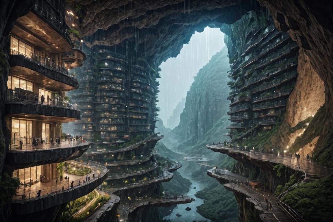 (FIRST PEOPLE PERSPECTIVE VIEW,  marvellous settlement,  spectacular ruins,  stonewalls,  maze:1.8), (settlement hidden in a cave dwelling:1.5), (Son Doong|sinkhole|underground_cave welling:1.4), (landscape architecture,  brutalist architecture:1.3), (large file,  super realistic,  4k,  8K,  16k,  FHD,  HD,  VFX,  perfect,  photograpy,  super high resolution,  cinematic photography:1.1), (extra long shot,  wide-angle lens,  POV,  DOF:1.2),  rich shadow, (harmonious color:1.1),  night,  lowlight,  lightless,  nightview, FUTURE_URBAN,  Apartment , furure_urban, future_skyline, urban,  badweather,  dark clouds,  horizontal decorative,  dark theme, city, badweather, dark clouds,  (dark theme:1.5), ,  heavy rain,  (raindrop details:1.4), , caveruinsPOV,  more detail XL,  science fiction,  extremely detailed structure,  futureurban, futureskyline, caveruinsPOV, cliffbuilding,<lora:EMS-59651-EMS:0.700000>,<lora:EMS-254948-EMS:0.900000>,<lora:EMS-255617-EMS:0.600000>