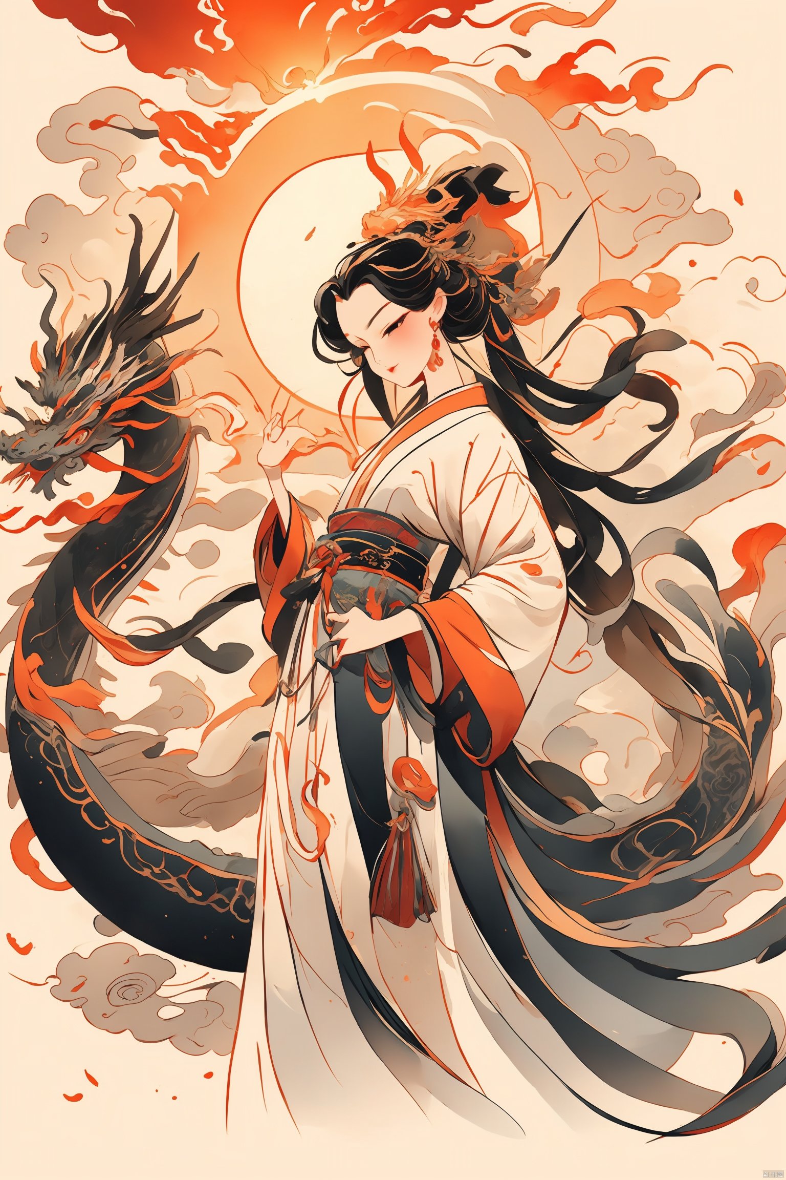  HTTP,HTTP2, 1girl, long hair, black hair, hanfu, waves, eastern dragon, dragon, solo, very long hair, fine art parody, sun, fish, white shirt, dunhuang_cloths, Chinese dragons_ink and wash styles_misty clouds_ancient paintings_flames