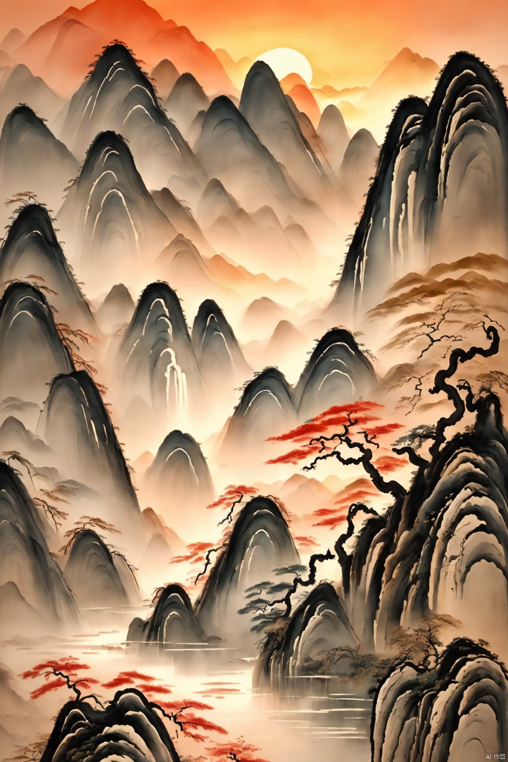  China landscape paintings, ancient paintings, sunset, dusk, mountains and waterfalls.