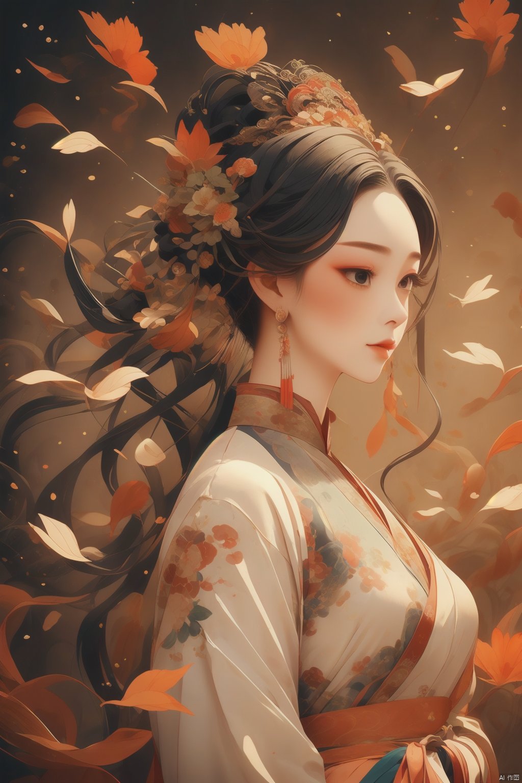  A girl, Hanfu, bust, long hair fluttering, Dunhuang style, crossing, artistic sense, ancient paintings, mystery.