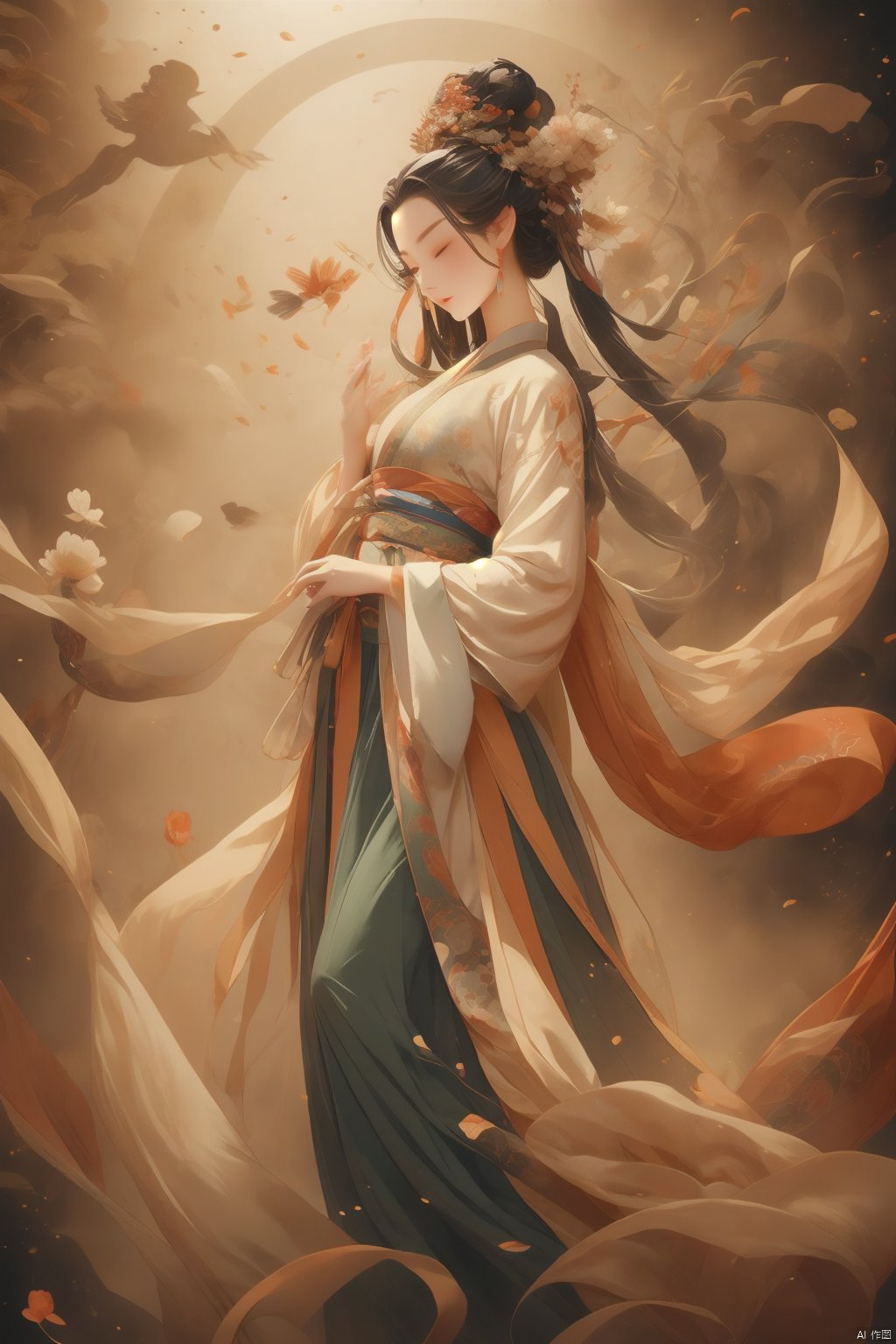 A girl, Hanfu, bust, long hair fluttering, Dunhuang style, crossing, artistic sense, ancient paintings, mystery.