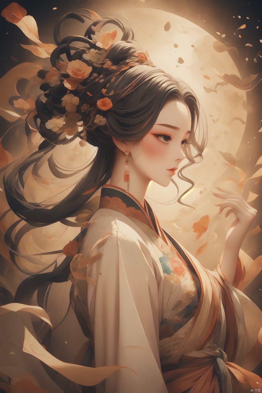 A girl, Hanfu, bust, long hair fluttering, Dunhuang style, crossing, artistic sense, ancient paintings, mystery.