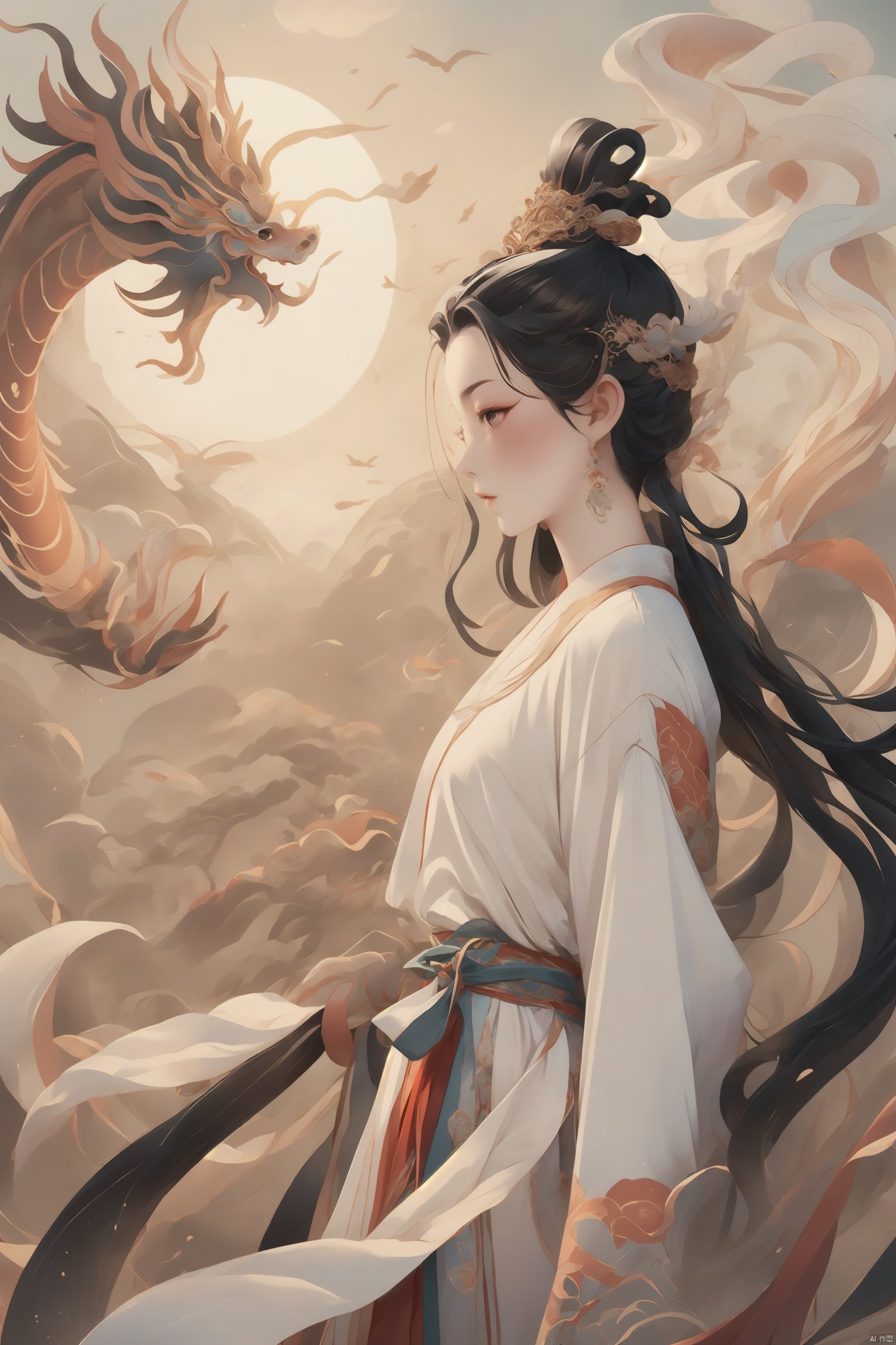  HTTP,HTTP2, 1girl, long hair, black hair, hanfu, waves, eastern dragon, dragon, solo, very long hair, fine art parody, sun, fish, white shirt, dunhuang_cloths