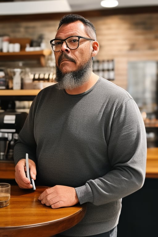 half body portrait of a man wearing glasses and beard in coffee shop. ,gutto2024a