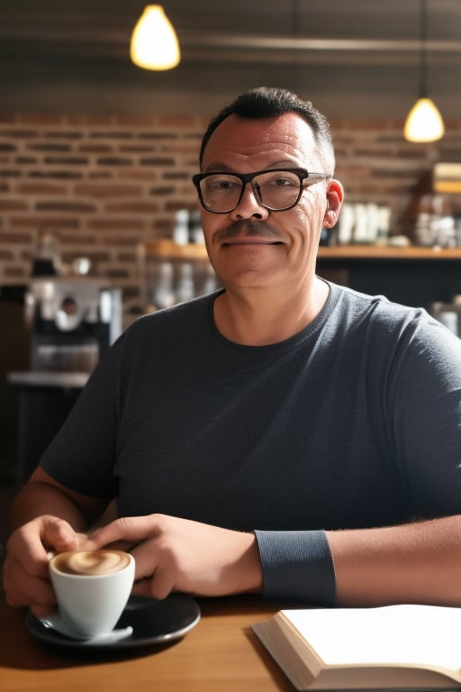 half body portrait of a man wearing glasses in coffee shop. ,gutto2024a