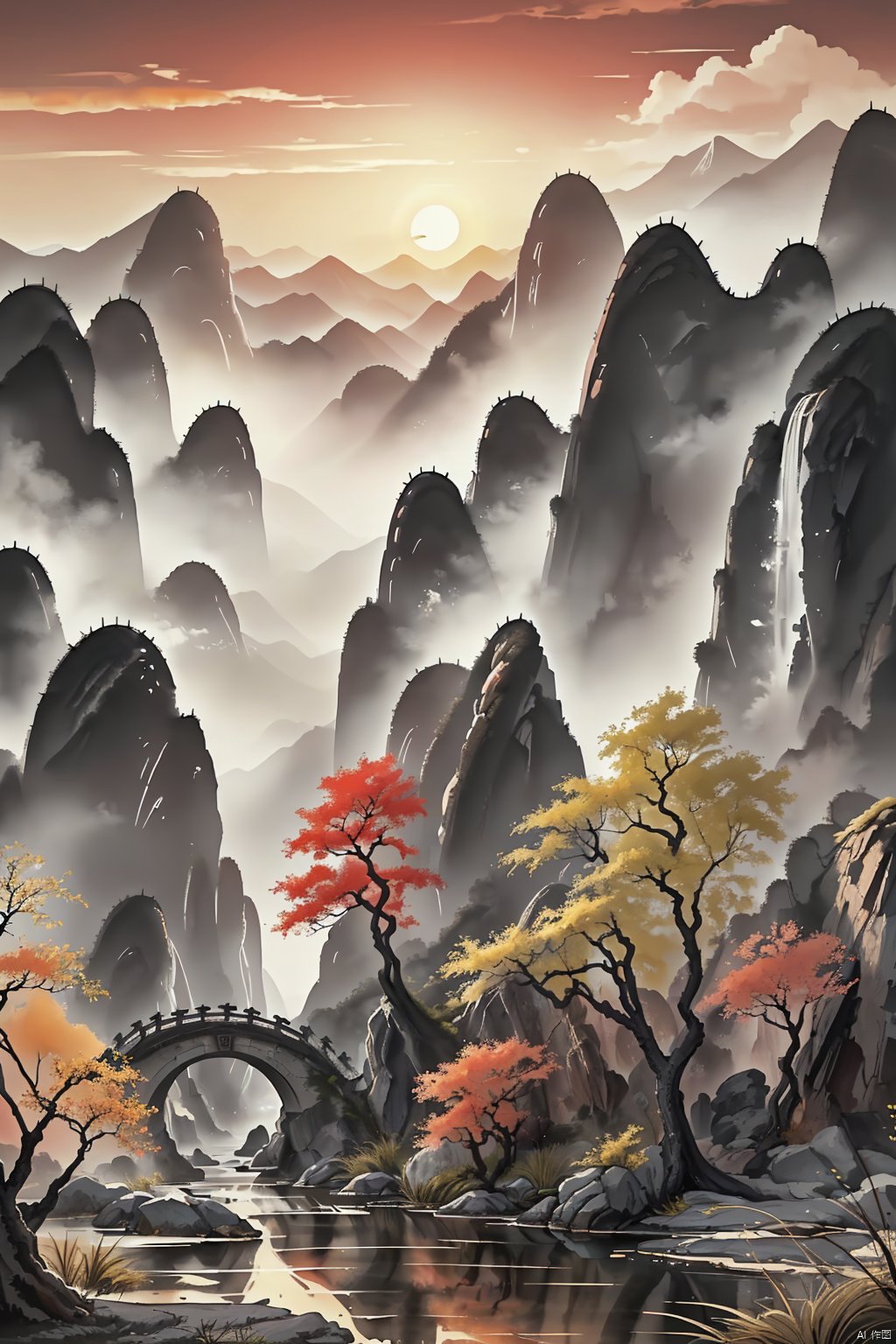  China landscape paintings, ancient paintings, sunset, dusk, mountains and waterfalls.