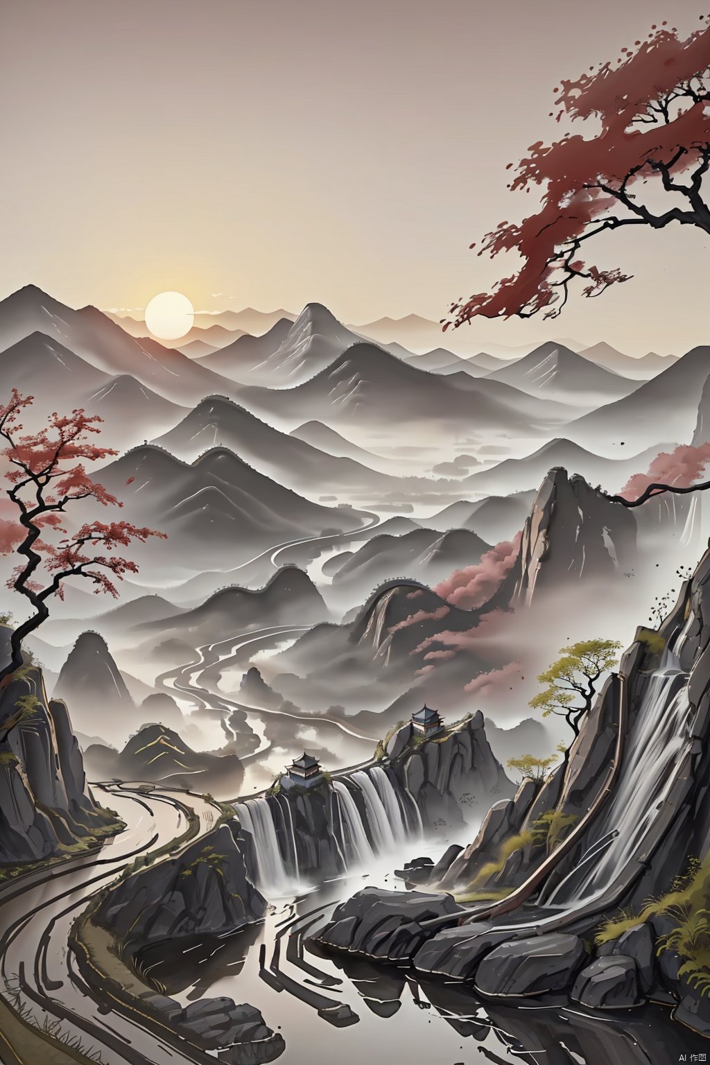  China landscape paintings, ancient paintings, sunset, dusk, mountains and waterfalls.