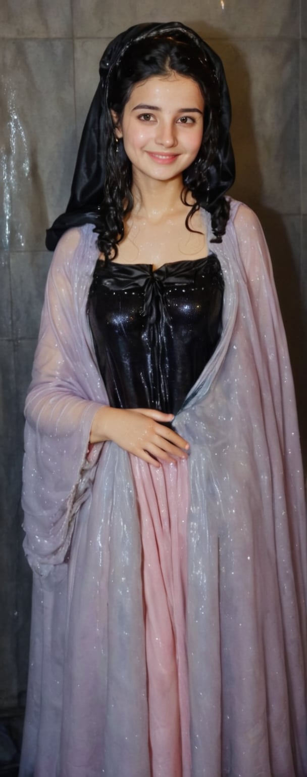 a cute young wet woman, her wet cat, digital painting, flawless soft wet skin,highly detailed wet face,wet black hair, kind smile,friendly,bliss,wearing a wet cozy ballgown and cloak  ,bubbles,dark background,warm vibes, ultra realistic,soakingwetclothes,Pakistani dress,18thcentury