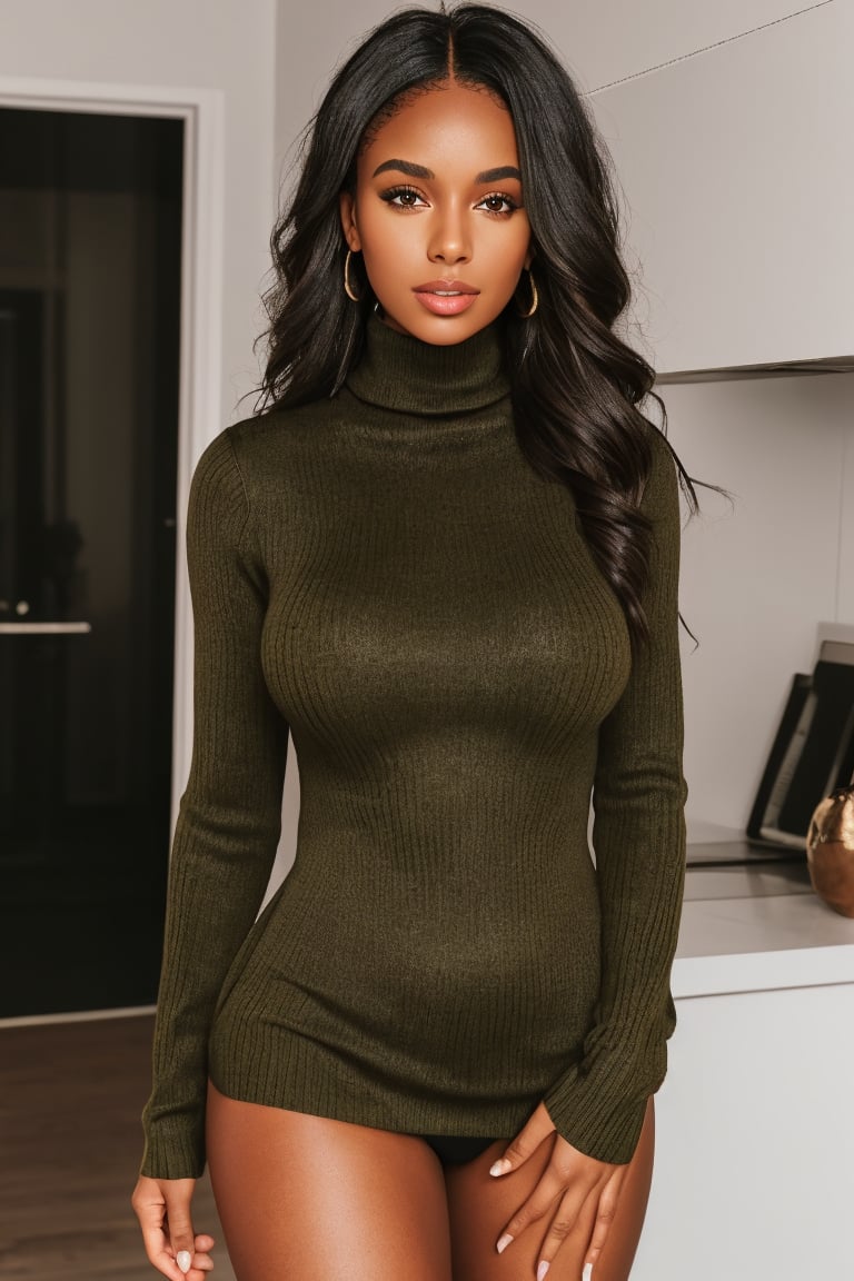 beautiful black woman, olive skin complexion, medium breast, tight red turtleneck sweater, facing viewer