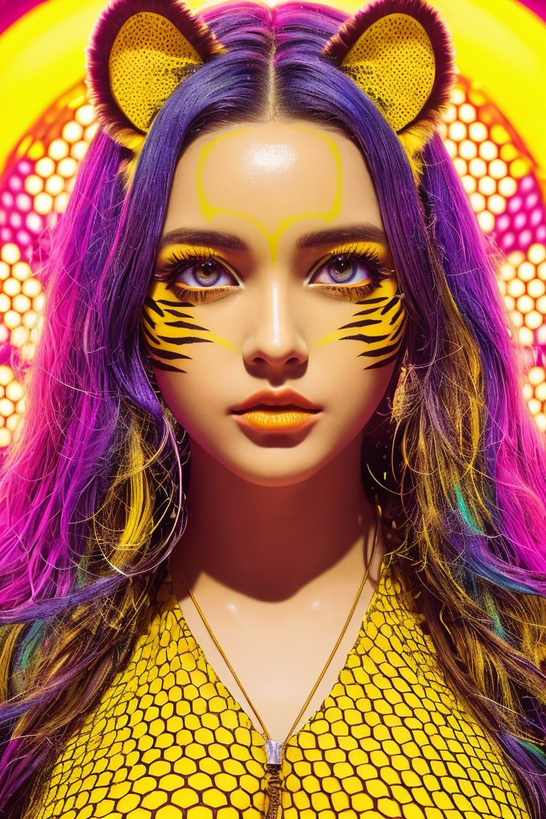 masterpiece, best quality, 1girl, large eyes, (cartoon), upper body, splashing, abstract, psychedelic, (neon:0.8), extremely detailed, (honeycomb pattern), tiger ears, (creative:1.3), intricate detail, (pretty face), dynamic lighting, natural lighting, (yellow:1.3), photorealistic, sy3, SMM , detailed, realistic, 8k uhd, high quality