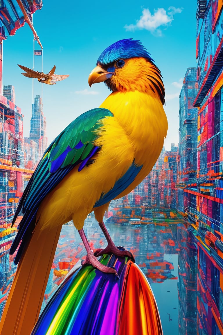 ((masterpiece)), ((best quality)), 8k, high detailed, ultra-detailed, An illustrative depiction of a mechanical bird, marked by strong, vibrant colors that create a visually striking image, mechanical bird, ((illustration)), ((vibrant colors)), ((visually striking)), metallic sheen, colorful plumage, bold skyline, abstract flora, light reflections, contrasting shadows , detailed, realistic, 8k uhd, high quality