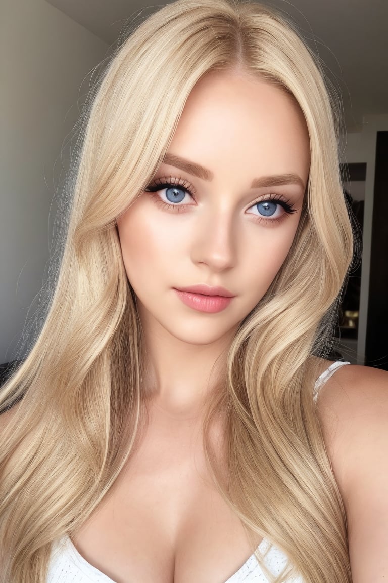 beautiful blonde woman, light makeup, facing viewer
