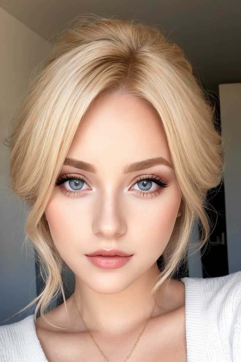 beautiful blonde woman, light makeup, facing viewer