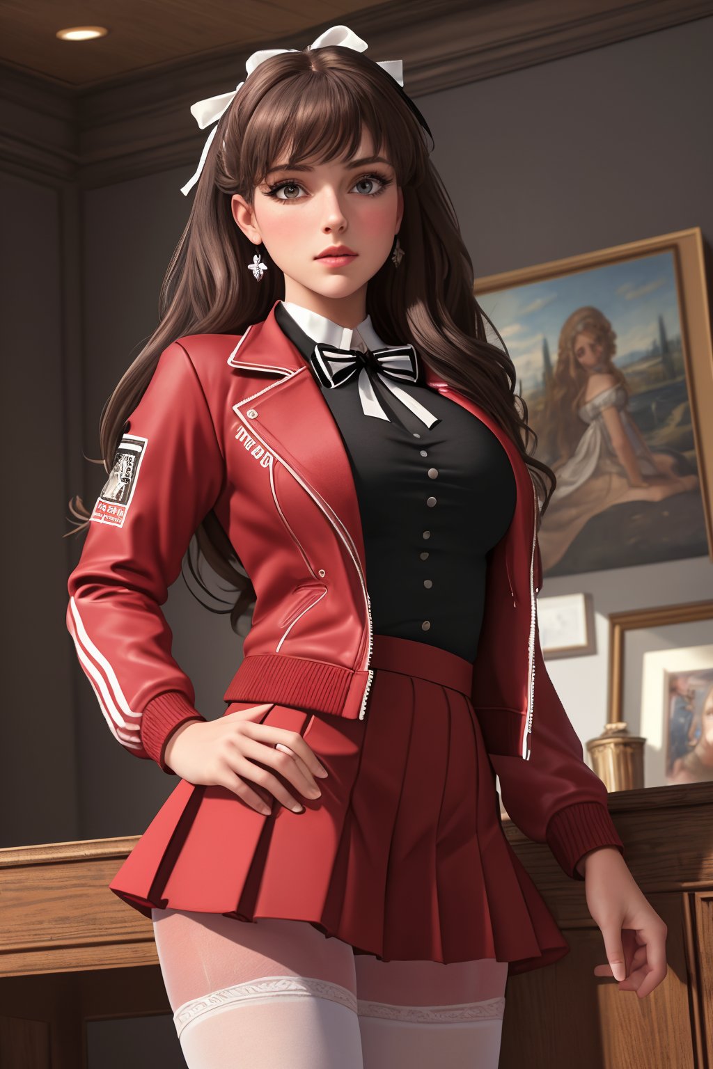 (masterpiece, best quality, hires, high resolution:1.2, 4k, 8k , high quality), extremely detailed, realistic, intricate details, highres, (masterpiece:1.3), (best quality:1.3), cowboy shot, woman, college cheerleader uniform, red jacket, black pantyhose, white shirt, black ribbon, blush, pleated skirt