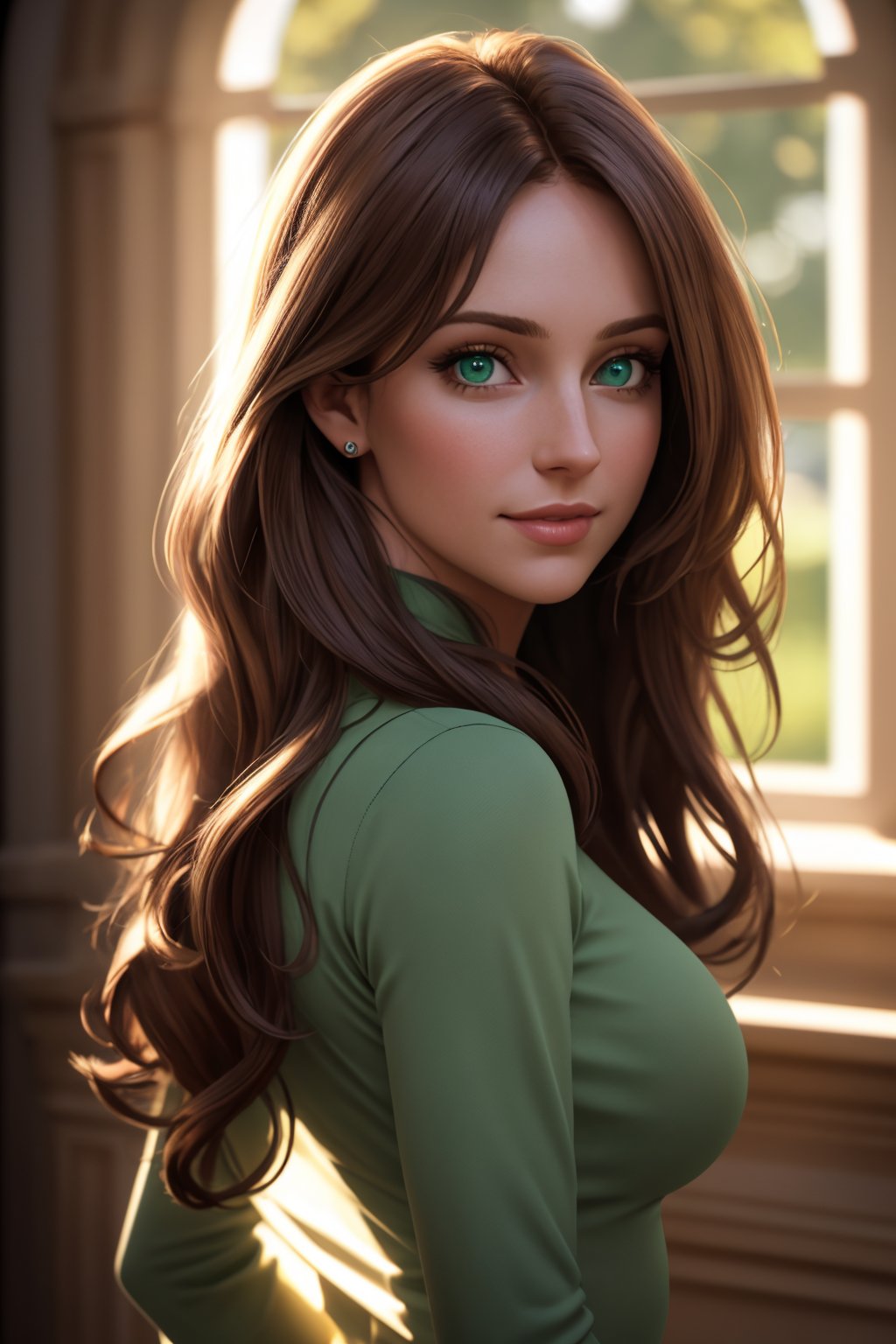 (masterpiece, best quality, hires, high resolution:1.2, 4k, 8k , high quality), extremely detailed, realistic, intricate details, highres, 1woman, 35 years old, solo, long hair, green eyes, sultry smile,  arched back,(cinematic lighting, sunlight, perfect lighting, backlighting), eye-level shot, extreme close-up-shot, looking at viewer, upper body portrait, tight shirt, medium breast, hair over eyes,