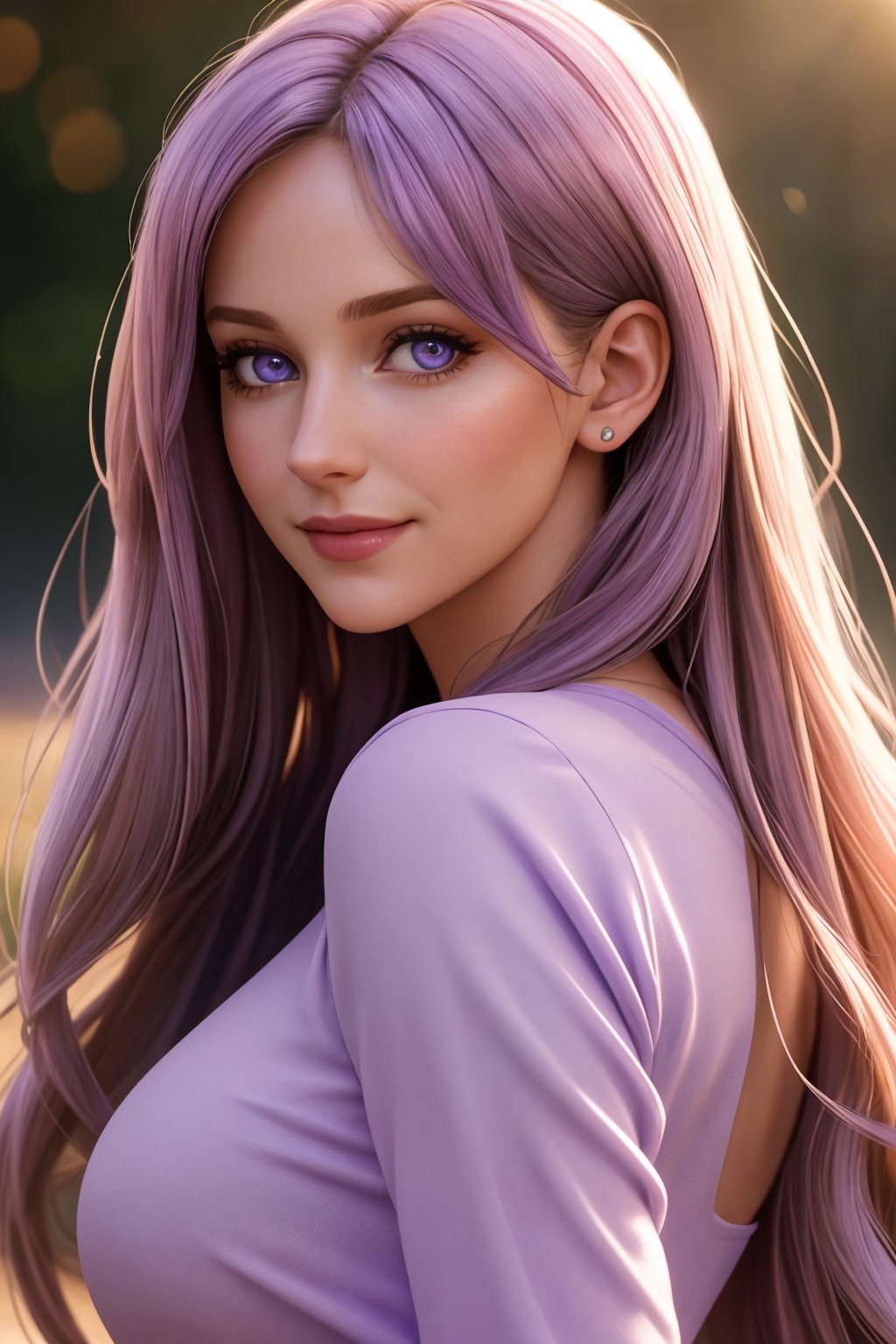 (masterpiece, best quality, hires, high resolution:1.2, 4k, 8k , high quality), extremely detailed, realistic, intricate details, highres, 1woman, 35 years old, solo, long hair, lavender eyes, sultry smile,  arched back,(cinematic lighting, sunlight, perfect lighting, backlighting), eye-level shot, extreme close-up-shot, facing viewer, upper body portrait, tight lavender shirt, medium breast, hair over eyes,