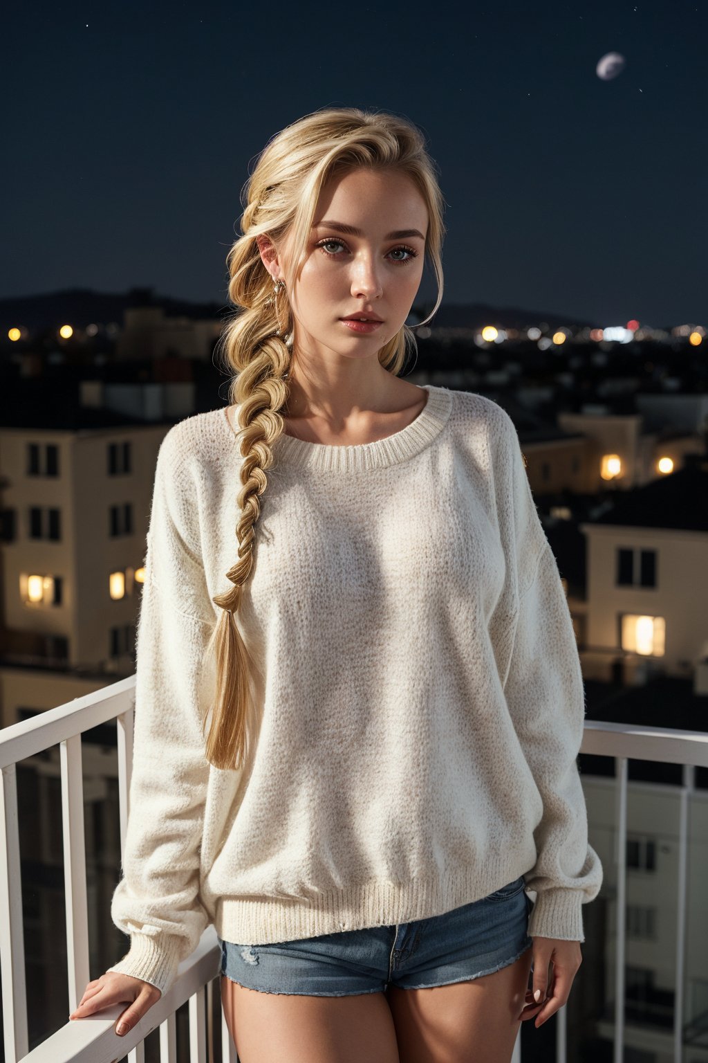 Ukrainian girl, onlyfans model, (wearing oversized cotton sweater), standing in balcony,(((night))), ((braided_hair, blond_hair)), from_front,hyperrealism