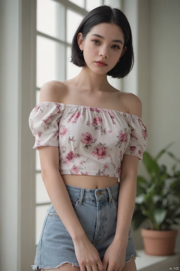 FilmGirl, 1girl, solo, looking at viewer, black hair, short hair, upper body, black eyes, lips, realistic, floral print, bare shoulders, closed mouth, collarbone, forehead, blurry, indoors, blurry background, off shoulder, shirt
