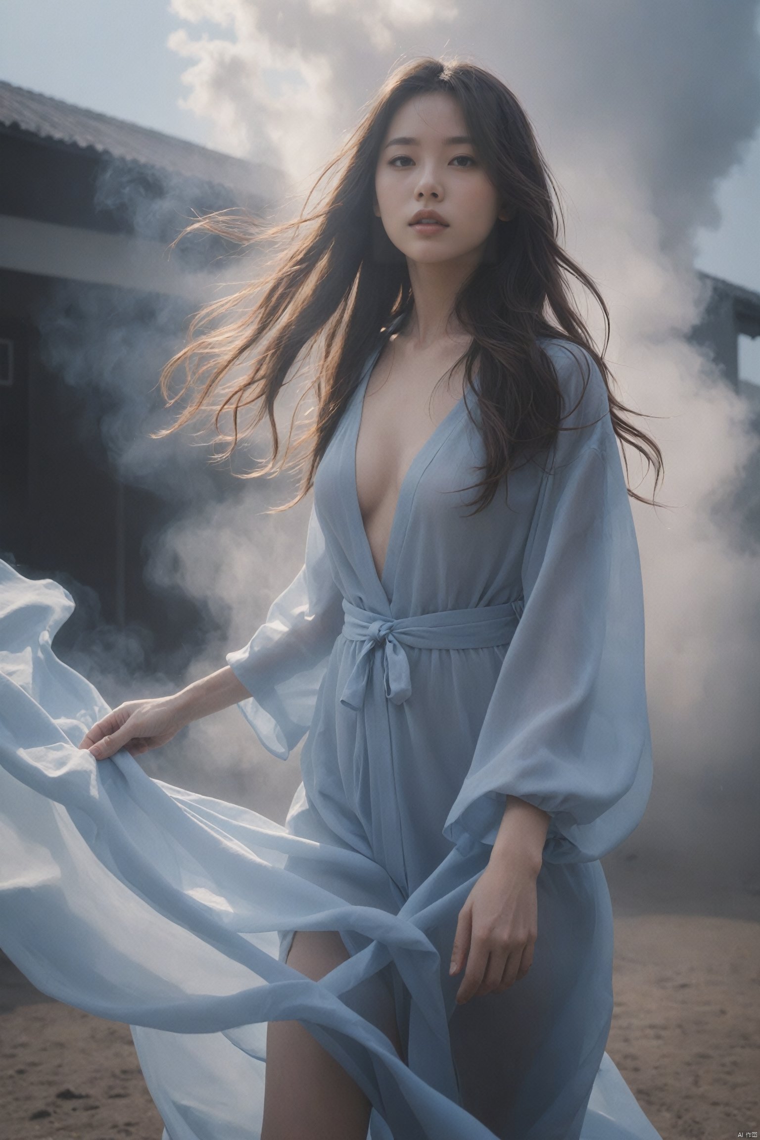  wabstyle, glowing, robe, (fog,:1.2) (mist:1.2), smoke, girl composed of white light, girl composed of black smoke, fire, sun, 1girl, small breasts, long hair, solo, (photorealistic:1.4), cowboy shot, cinematic angle, fisheye, motion blur, nude,sexly, shoujo kitou-chuu,blue fire, frie rain, Long hair fluttering in the wind, loong,wave,