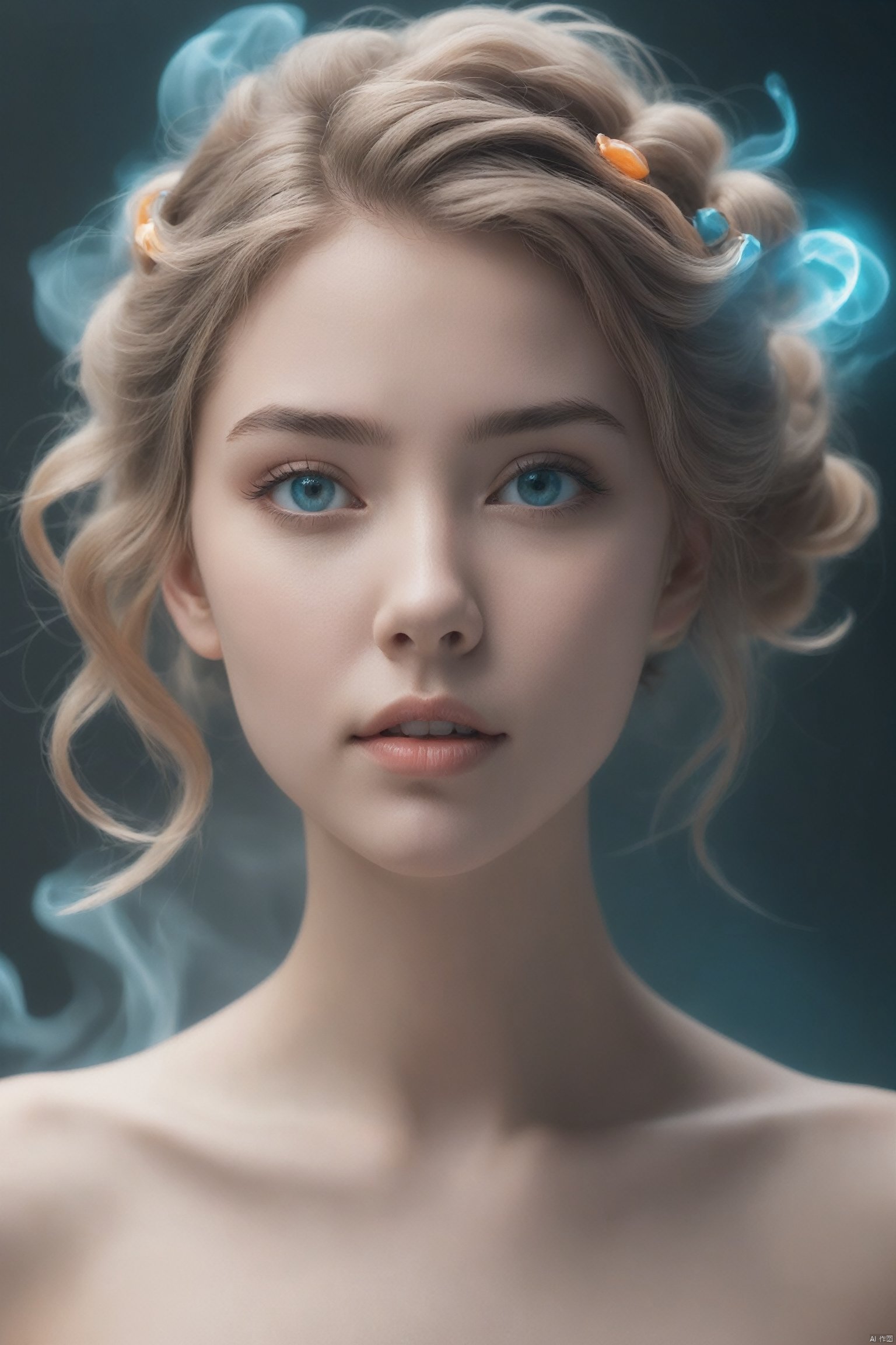 (flat anime style illustration:1.4) of a stunningly beautiful naked 19-year-old girl enenra, formless mist like creature, made of smoke and vapor, transluscent, transparent, uncorporeal, humanoid shape in the smoke, glowing radiant presence, mystical ephemeral appearance,mist, benign neutral entity,, turquoise eyes, teeth, caramel updo hairstyle hair, anger, one hand raised, signaling a question, , sunrise lighting, the soft, gradual light of a sunrise, symbolizing new beginnings and hope, in a vibrant coral reef, teeming with a rainbow of colorful fish and intricate marine life, 
