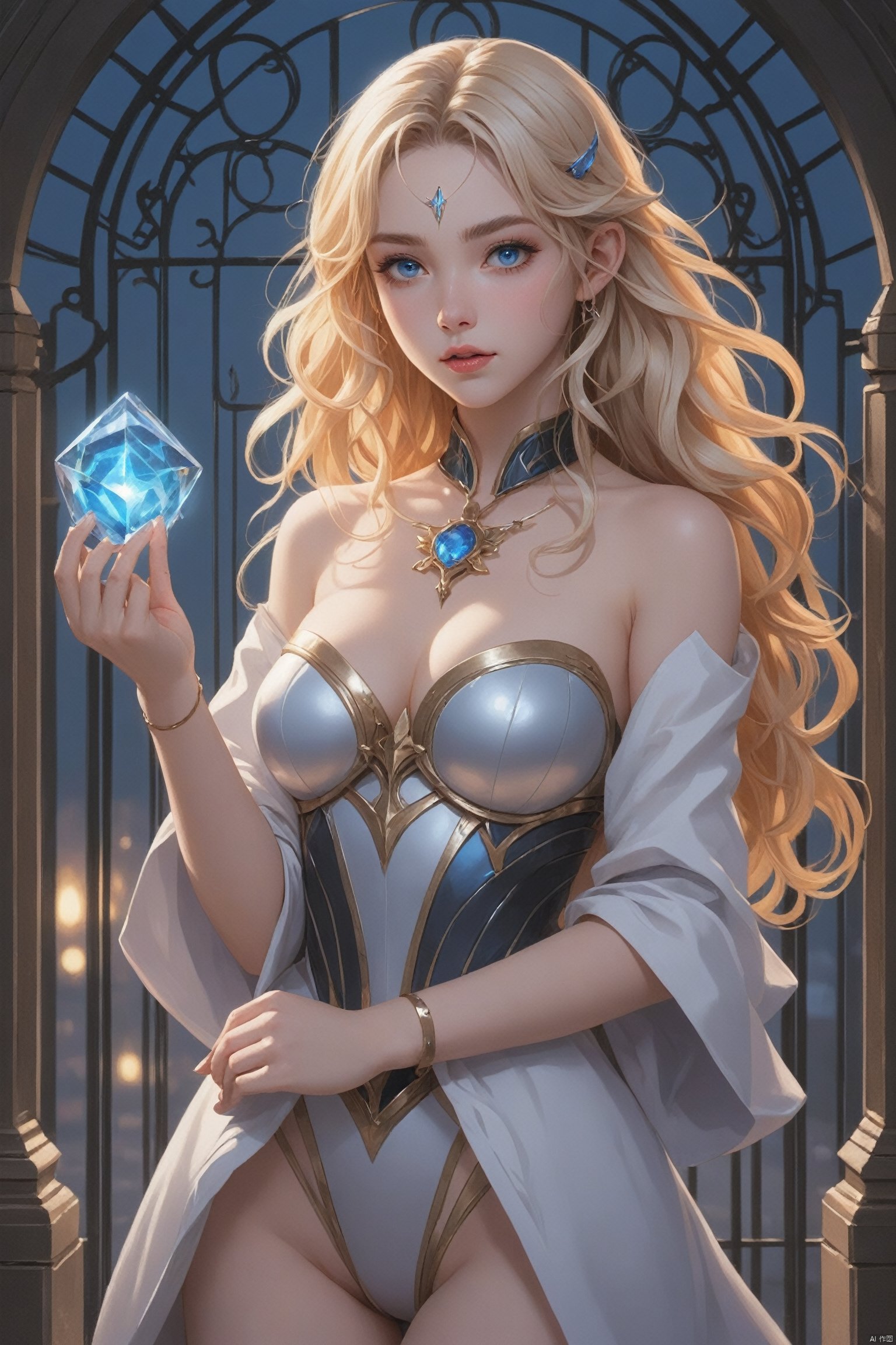 (flat anime style illustration:1.4) of a stunningly beautiful naked 19-year-old wizard girl, blue eyes, costume makeup , golden blonde tousled waves hair, insecurity, holding a gemstone infused with power, summoning its energy, neon lighting, vibrant, colorful lights adding a modern and edgy touch to romantic scenes, in front of a gate carved with mystical runes, humming with arcane energy and guarded by magical beings, artwork by hentai anime studio
