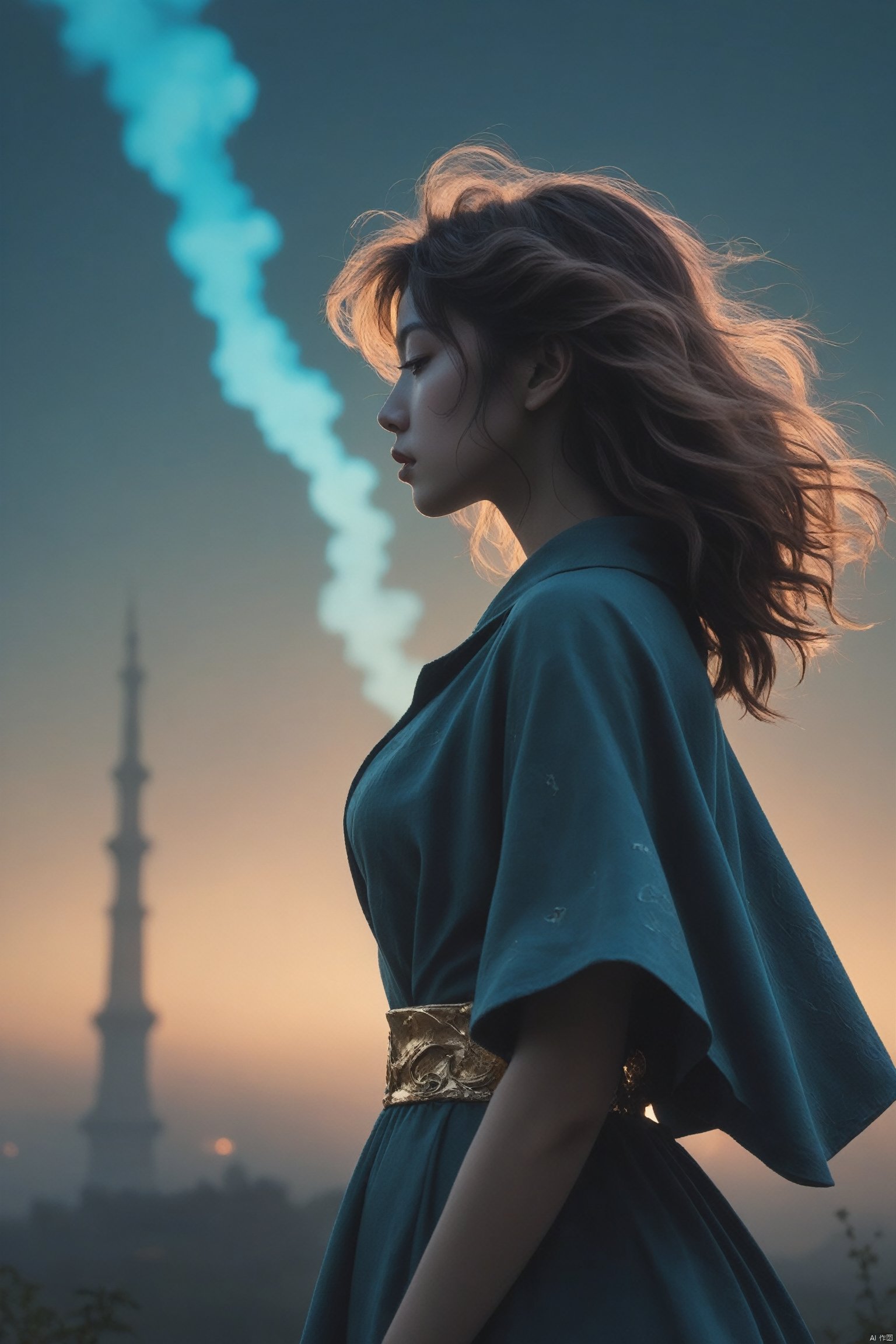 1girl, (from side), (silhouette:1.2), profile, big hair, masterpiece, best quality, light particle, depth of field, field, scenery, fantasy, indigo light, (far away:1.1), cute girl, midriff, tribal sash, pastel colors, chromatic aberration, glow in the dark dark, cloudy sky, space, orange aura, aura, cinematic, dark atmosphere, night , dark hole, glowing eyes, teal light, illumination, light rays, eye in the sky, (grass:0.9), falling petals, oniric portrait of a tall cloaked figure with a white mask, Azem the Traveler, yearning to explore the ends of the world to discover its wonders and help its denizens, by Andy Kehoe, a gradient masterpiece, blue cyan yellow, Rococopunk, luminism, seamless, China ink, Ink Bubbles, Gold leaf lines, alcohol ink elements, curved lines, cinematic, realism, chiaroscuro, Shadow play, Gold leaf small lines, bright splashes of alcohol ink puddles, volumetric light, auras, rays of sunlight, bright colors reflect, isometric, digital art, smog, pollution, toxic waste, chimneys and railroads, 3d render, octane render, volumetrics, by greg rutkowski, anime style
