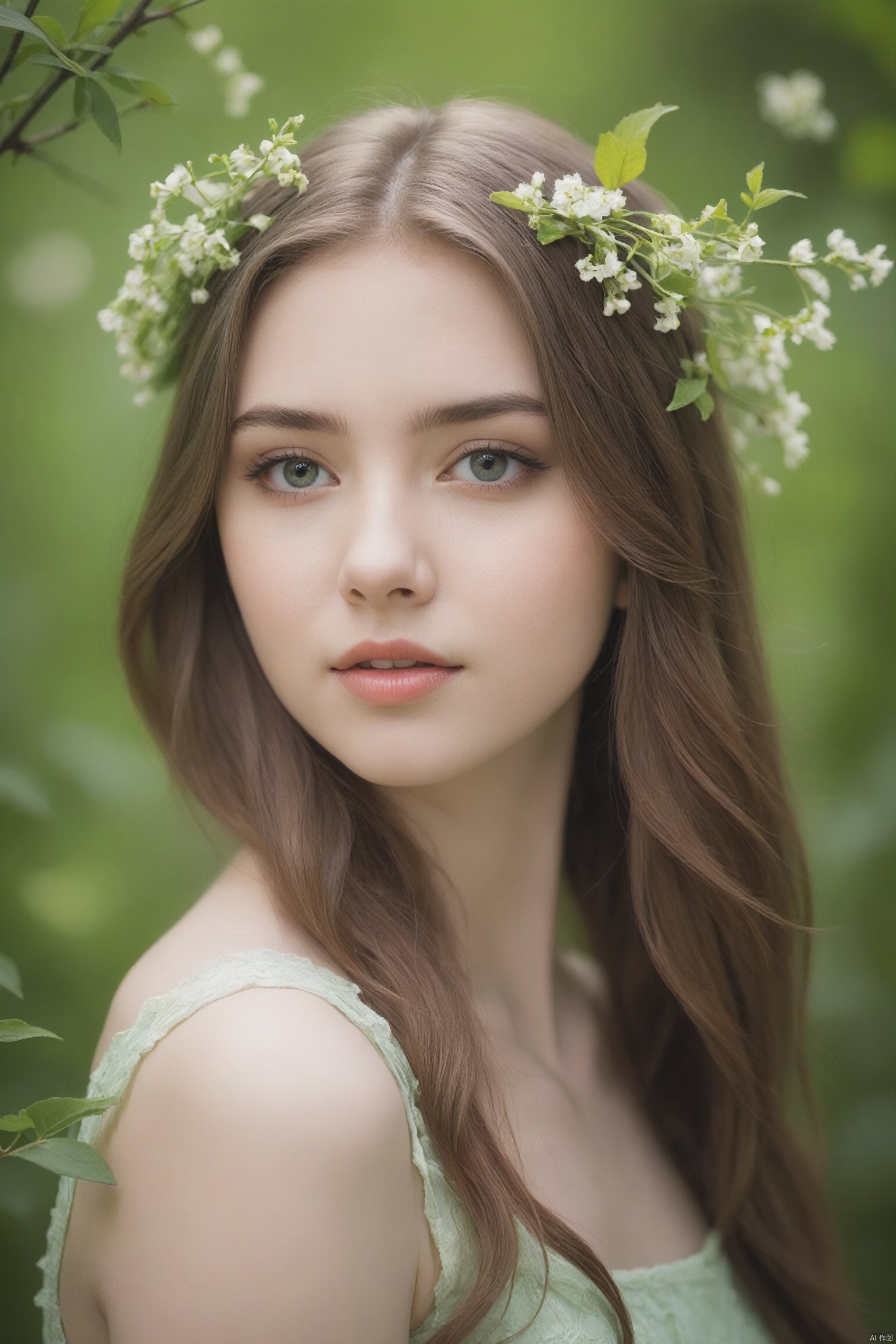 portrait of a beautiful 21yo girl, she is Enjoying the Spring Greenery, fantasy theme,
