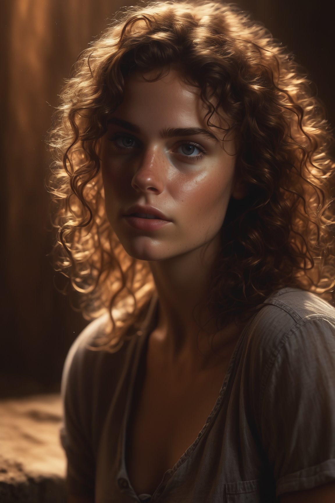 photorealistic, masterpiece, best quality, raw photo, 1girl, tiny breasts, curly hair, brown hair, rugged shirt, freckles, looking at viewer, dynamic lighting, in the dark, deep shadow, low key, intricate detail, detailed skin, pore, highres, hdr, sad_face