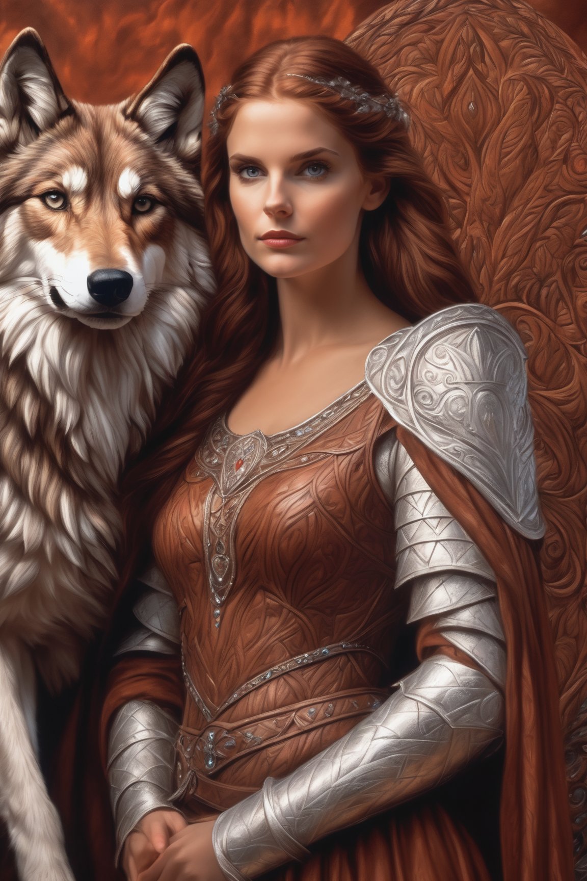 a painting of a woman standing next to a wolf, dragonlance illustration, emote, low quality video, unknown title, also known as artemis or selene, red brown and white color scheme, heavily upvoted, (intricate details:1.12), hdr, (intricate details, hyperdetailed:1.15), (natural skin texture, hyperrealism, soft light, sharp:1.2)