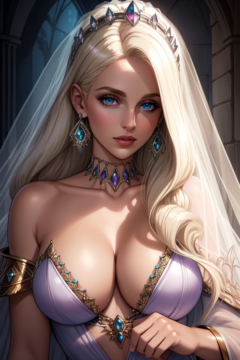 ((masterpiece), best quality, high quality, professional quality, highly detailed, highres, perfect lighting, natural lighting), Create an incredible, best quality illustration, Mysterious enchantress with a veil and an aura of magic, Queen, Short, in shape, Oval Face, Olive Skin, Platinum Blonde Hair, Blue Eyes, Narrow Nose, Full Lips, Sharp Chin, Shoulder-Length Hair, Straight Hair, Frohawk, natural breasts, Cuff earrings, lavender cream lipstick, Postmodernism, contemporary, Tribal,