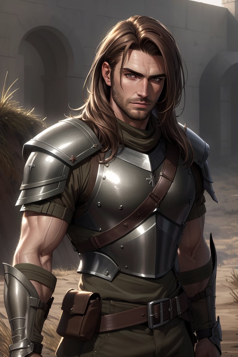 ((masterpiece), best quality, high quality, professional quality, highly detailed, highres, perfect lighting, natural lighting), (rugged soldier, fierce, slender, handsome, stubble, medium length hair, brown hair), wearing shiny, gray armor, waiting for battle