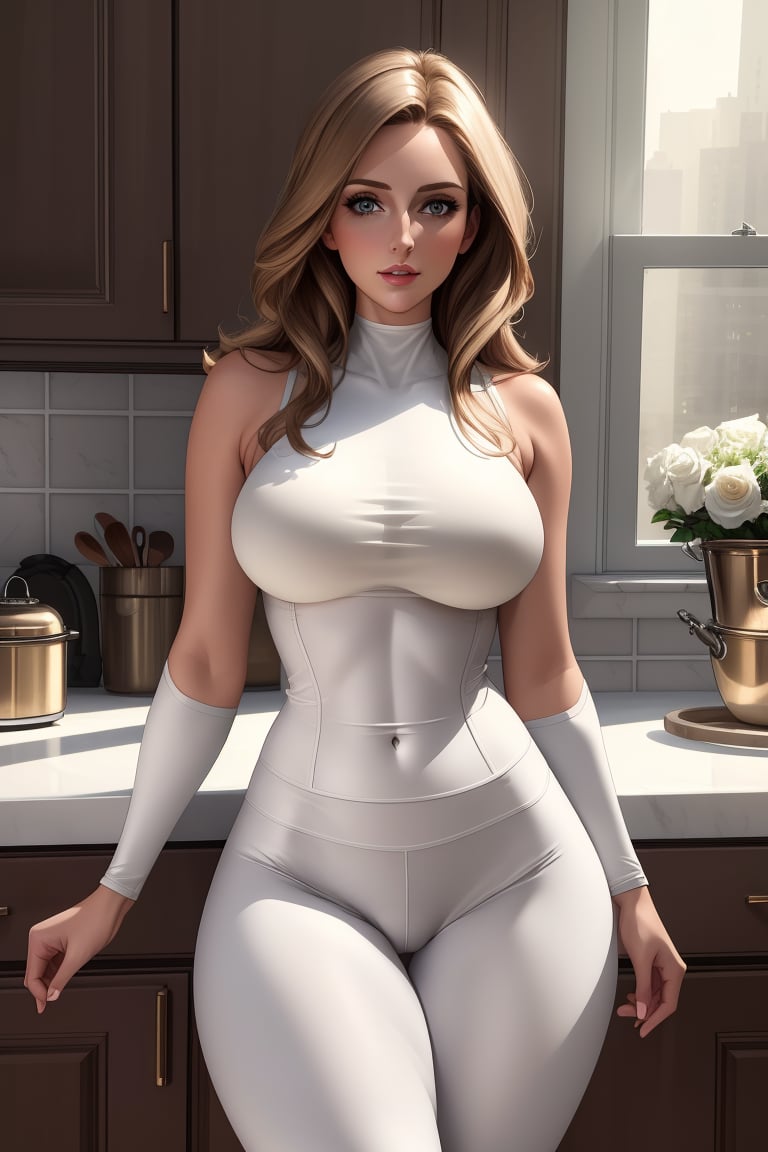 ((masterpiece), best quality, high quality, professional quality, highly detailed, highres, perfect lighting, natural lighting),  beautiful 30 year old woman, slender, brunette, white leggings, crotch gap, medium breast, tight white top, facing viewer, luxury kitchen