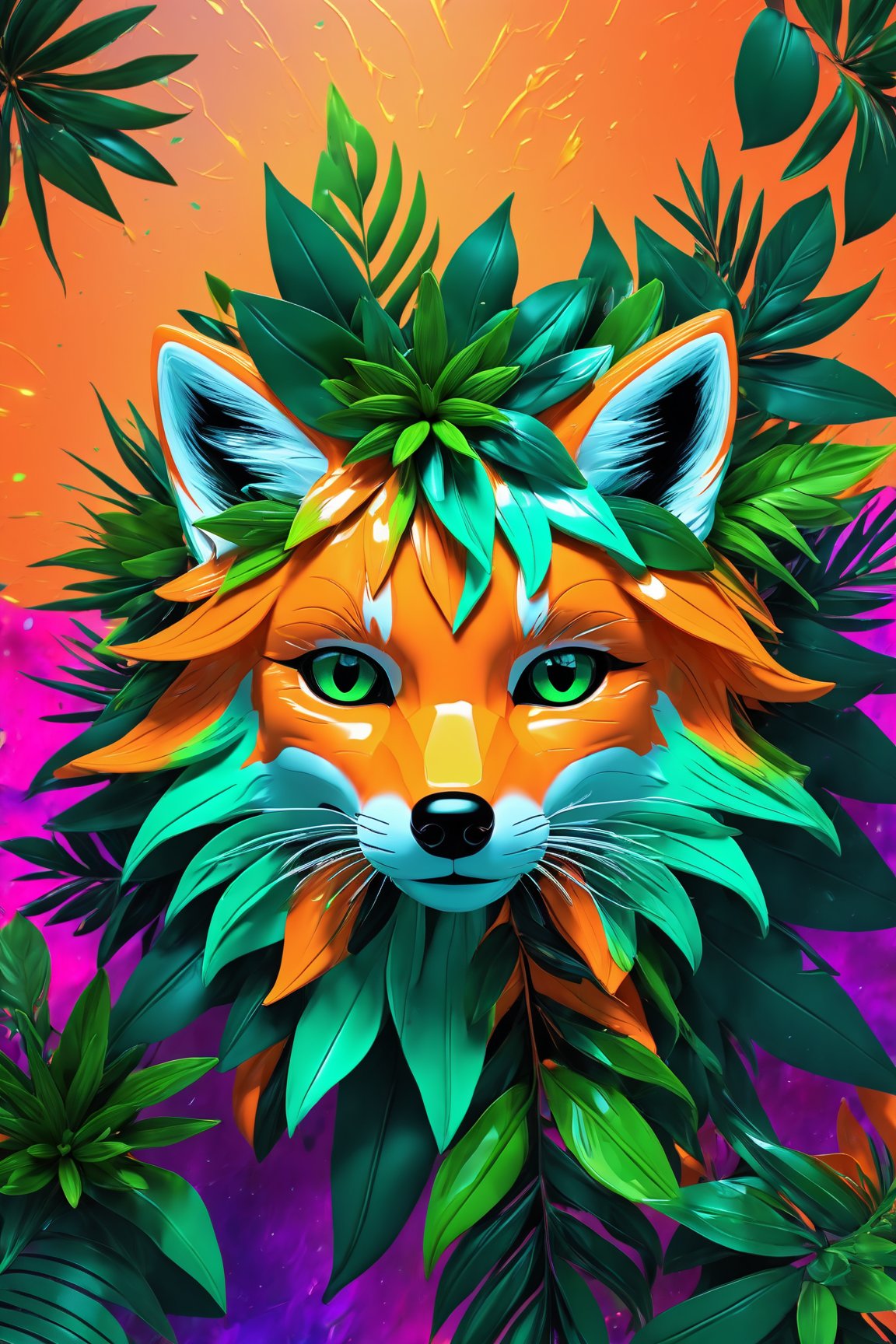 (masterpiece:1.1), (highest quality:1.1), (HDR:1.0), extreme quality, cg, (negative space), detailed face+eyes, 1girl, fox ears, animal ear fluff, (plants:1.18), (fractal art), (bright colors), splashes of color background, colors mashing, paint splatter, complimentary colors, neon, (thunder tiger), compassionate, electric, limited palette, synthwave, fine art, tan skin, upper body, (green and orange:1.2), time stop , detailed, realistic, 8k uhd, high quality