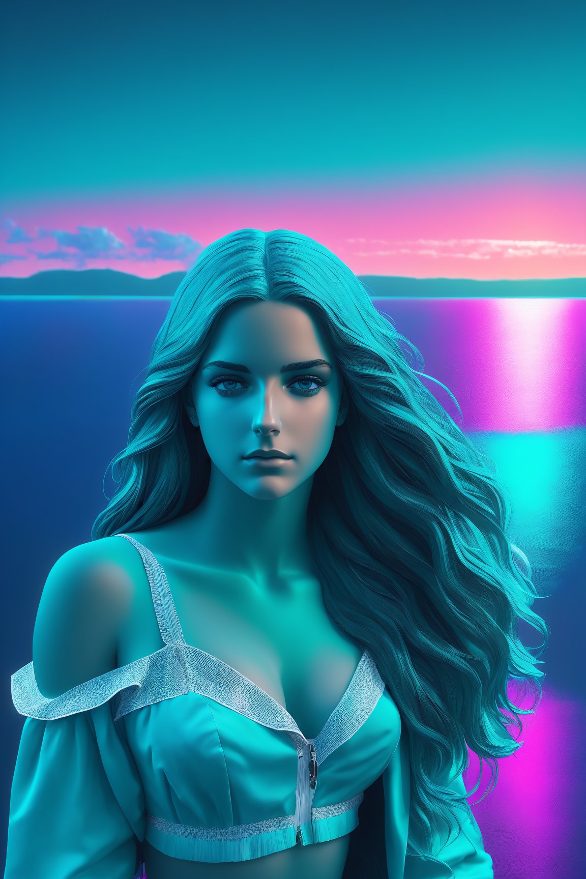 (masterpiece:1.0), (highest quality:1.12), (HDR:1.0), a girl with long hair looking at viewer, with a teal background and a indigo sky, constant, vaporwave colors, a character portrait, synchronization , detailed, realistic, 8k uhd, high quality