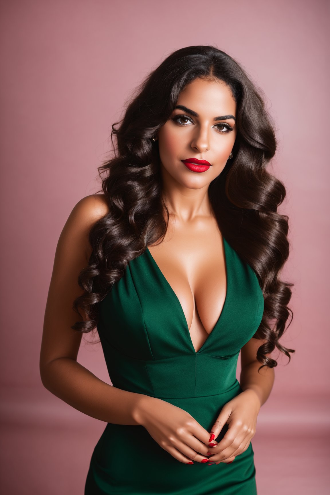 beautiful latina woman, olive complextion, long wavy brunette hair,  delicate facial features, slender, medium breast 25 years old, tight office red dress, facing viewer, indoors