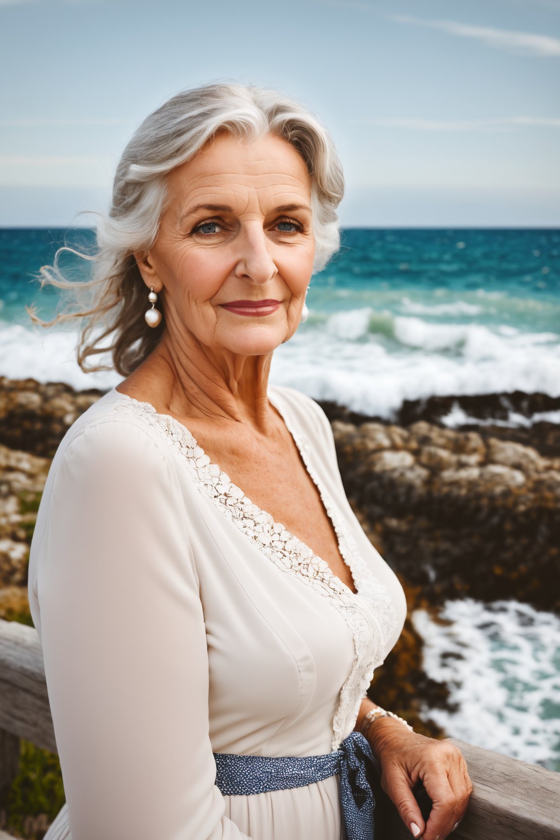 beautiful old woman by the sea, facing the viewer