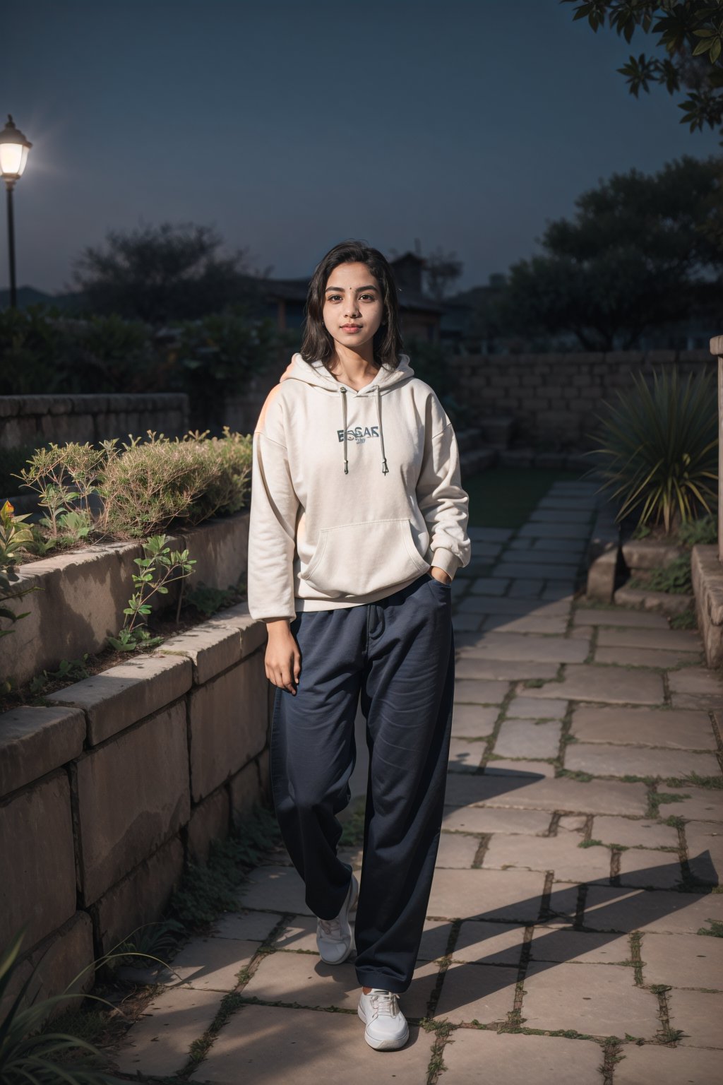 ultra realistic, natural face and body structure, full body shot, she is a beautiful 21 year old indian aunty, clear forehead, shot from a distance, india background, looking aesthetic, she is in garden, night time,  she is wearing a loose and baggy trouser, wearing baggy hoodie,  there are many families in the garden, hot sila,18 year old girl
