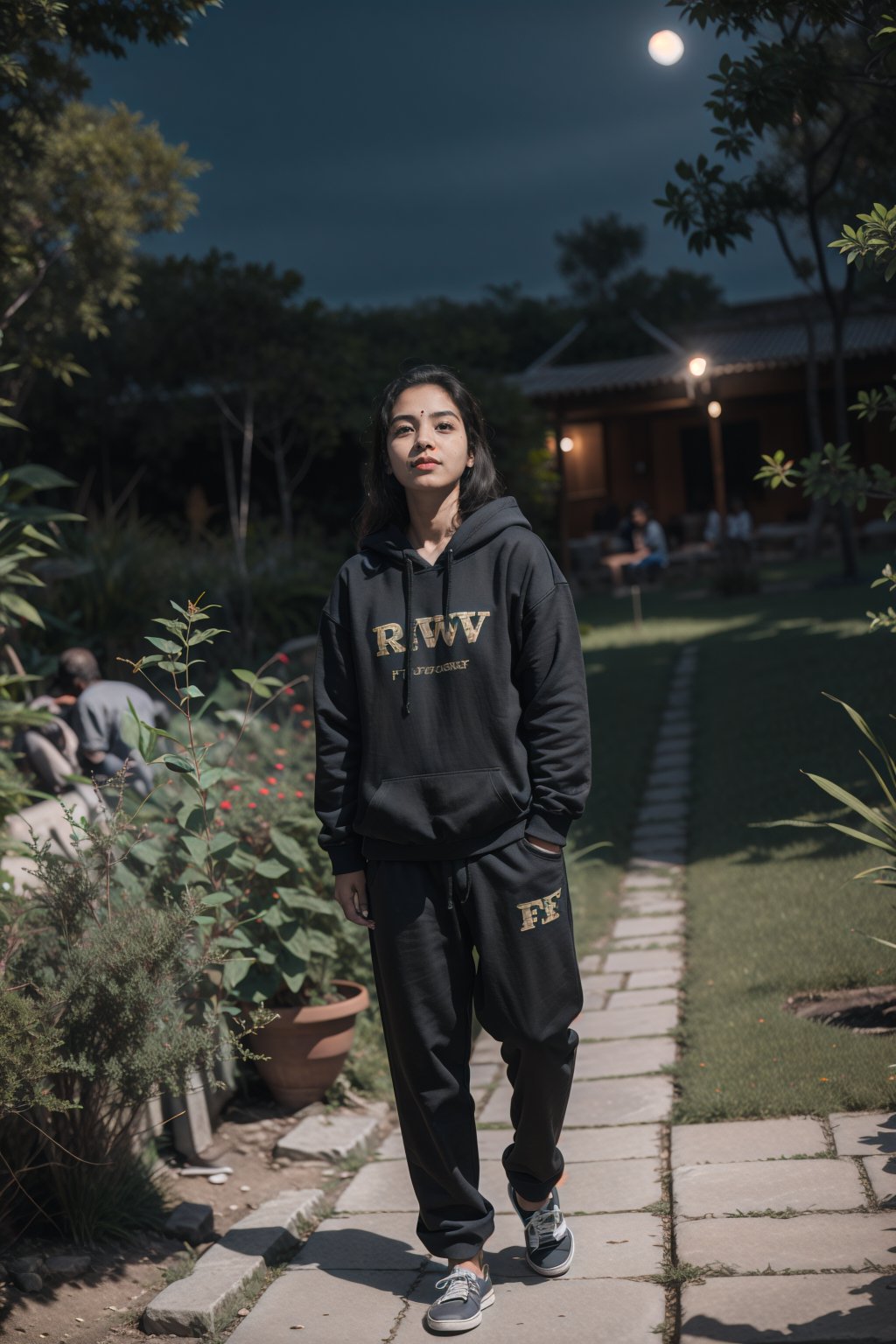 Fujifilms, Raw photo, sony a7iii SLR photoshoot, ultra realistic, natural face and body structure, full body shot, she is a beautiful 21 year old indian women, clear forehead, shot from a distance, india background, looking aesthetic, she is in garden, night time,  she is wearing a loose and baggy trouser, wearing baggy hoodie,  there are many families in the garden, hot sila,18 year old girl