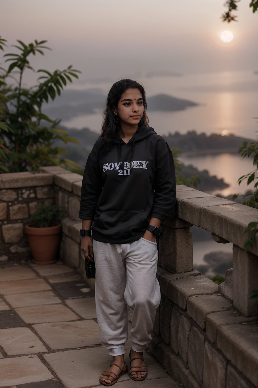 ultra realistic, natural face and body structure, full body shot, she is a beautiful 21 year old indian aunty, clear forehead, shot from a distance, india background, looking aesthetic, she is in garden, night time,  she is wearing a loose and baggy trouser, wearing baggy hoodie,  there are many families in the garden, hot sila,18 year old girl,20 year old girl