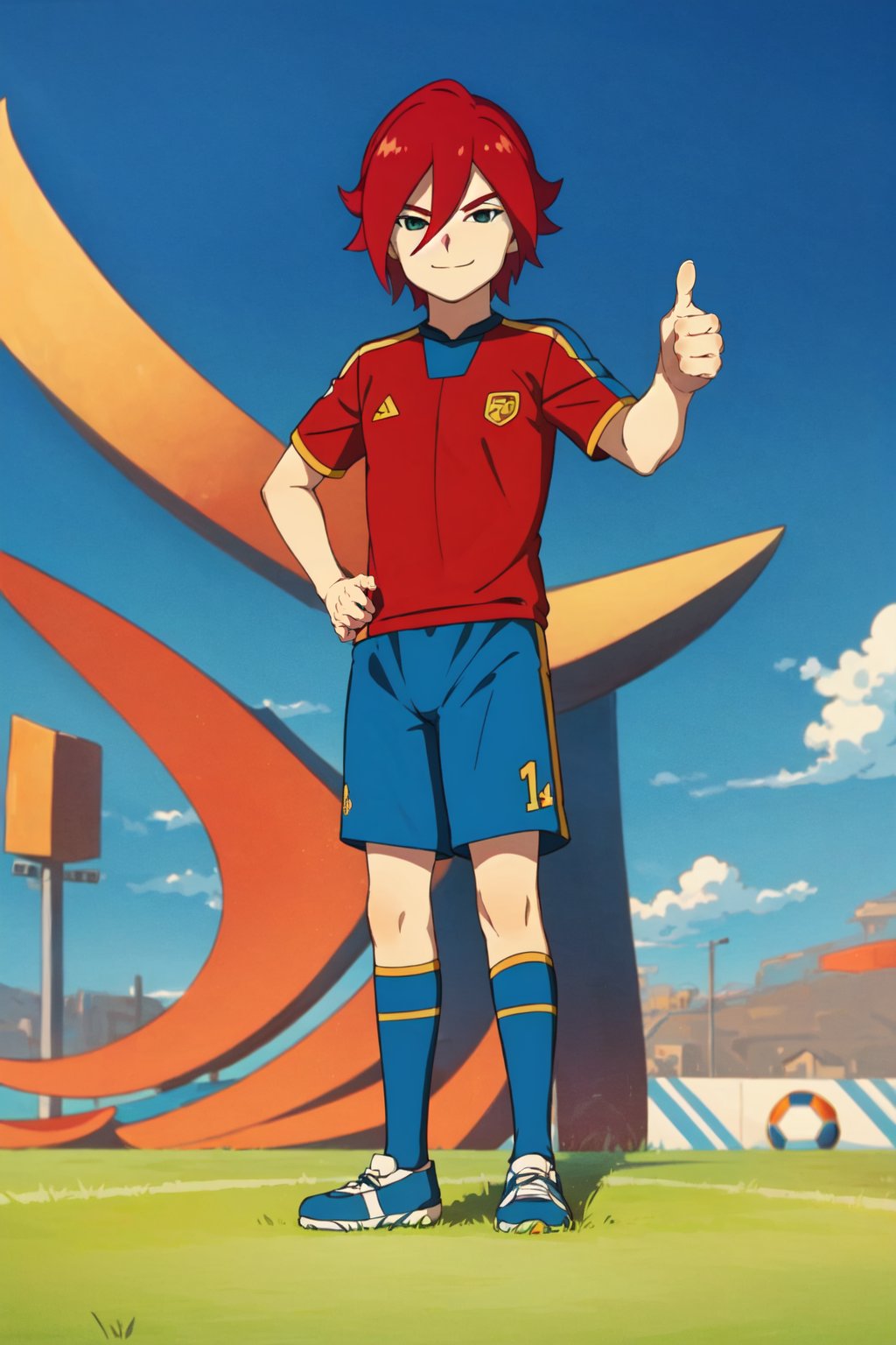 Xavier Foster, male focus, 1boy, solo, red hair, dark green hair, smile, closed_mouth, soccer uniform, full body, standing, thumbs up, ;)