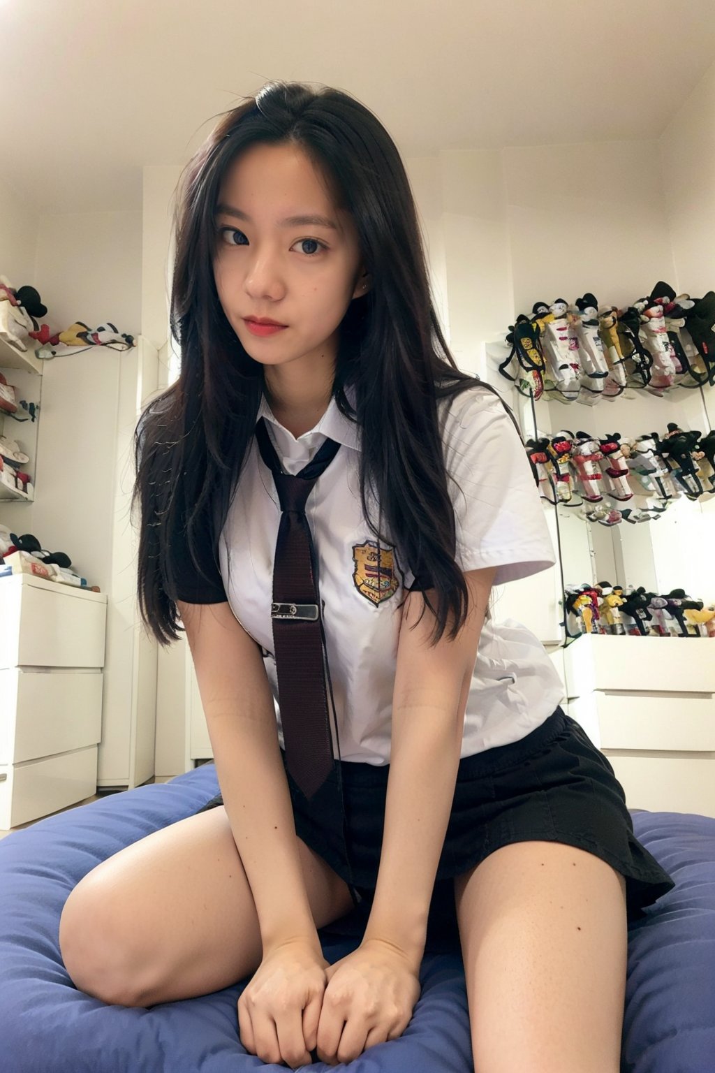 a woman in a uniform sitting on a bed, school uniform