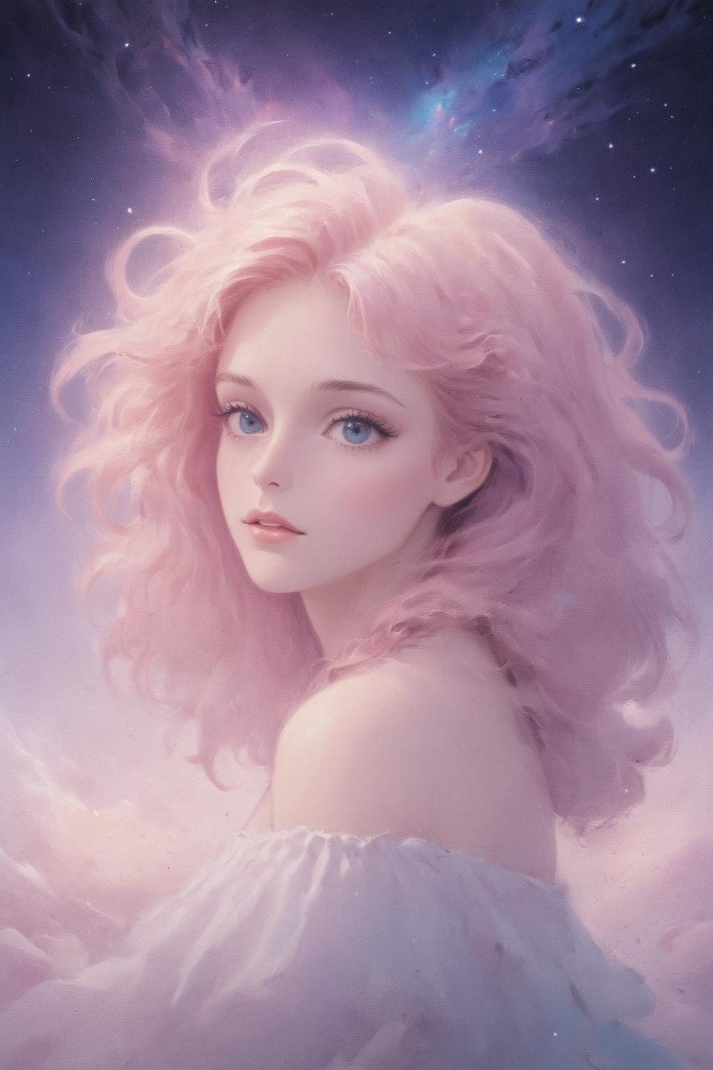 cosmic canvas,  galaxy background, painting of a beautiful woman, Ruffle Top_, long messy hair, pastel pink hair, <lora:Cosmic_Canvas_SDXL:1>