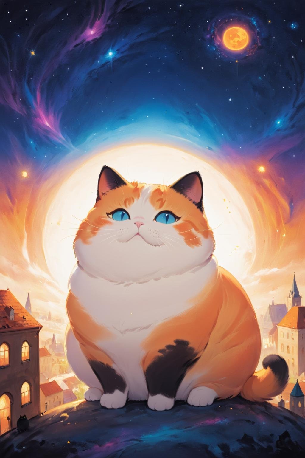 cosmic canvas,  orange city background, painting of a chubby cat, <lora:Cosmic_Canvas_SDXL:1>