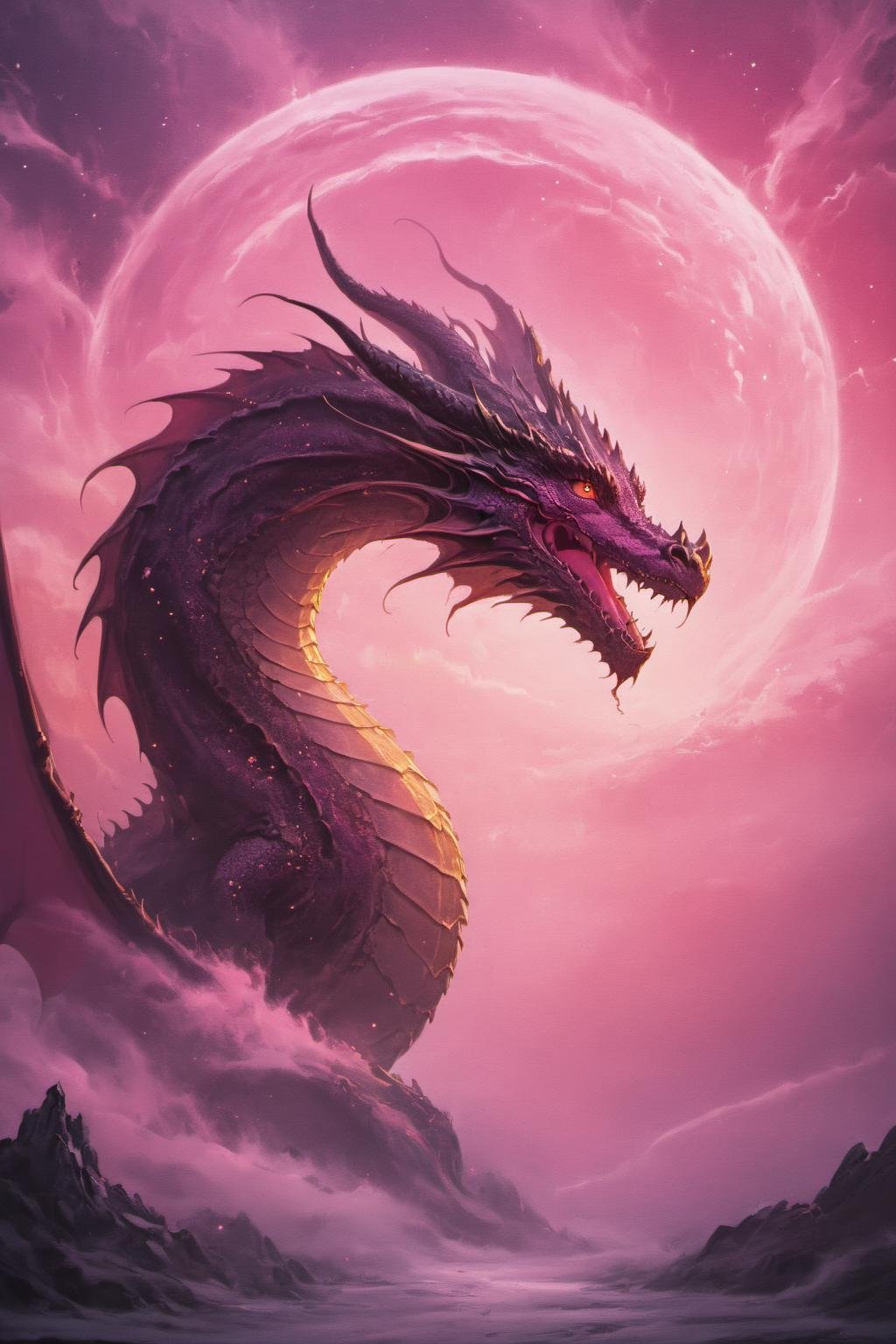 cosmic canvas, pink sky background, painting of a dragon, <lora:Cosmic_Canvas_SDXL:1>