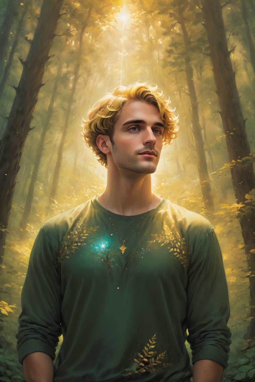 cosmic canvas,  forest background, painting of a handsome man,clothing_male_top_, French crop, Metallic gold hair,  surrounded by clouds, <lora:Cosmic_Canvas_SDXL:1>
