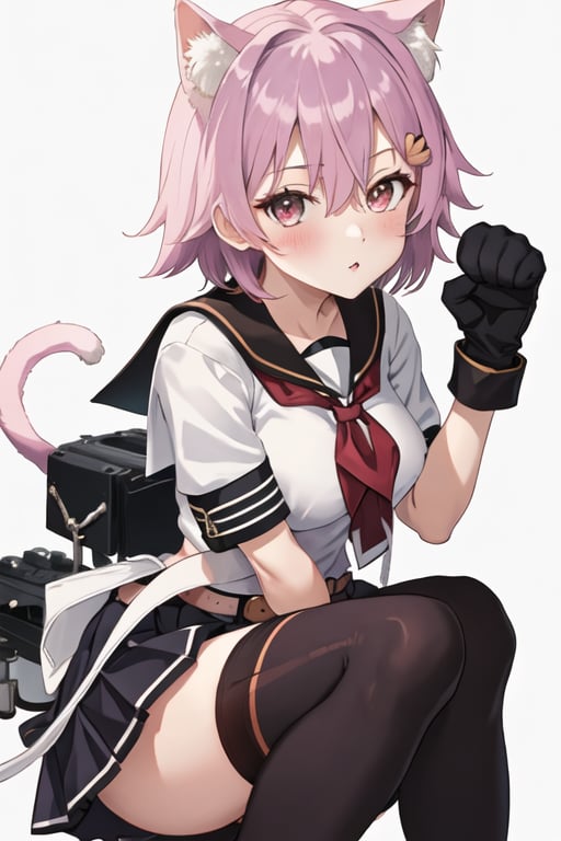 best quality, masterpiece, highres, solo, {tama_kantaicollection:1.15}, short_hair, red_eyes, pink_hair, serafuku, blush, purple_hair, hair_between_eyes, breasts, 1girl, black_gloves, black_skirt, black_thighhighs, boots, gloves, hair_ornament, looking_at_viewer, paw_pose, pleated_skirt, sailor_collar, school_uniform, short_sleeves, skirt, thigh_boots, thighhighs, full_body, shirt, simple_background, white_background, animal_print, belt, black_sailor_collar, high_heels, medium_breasts