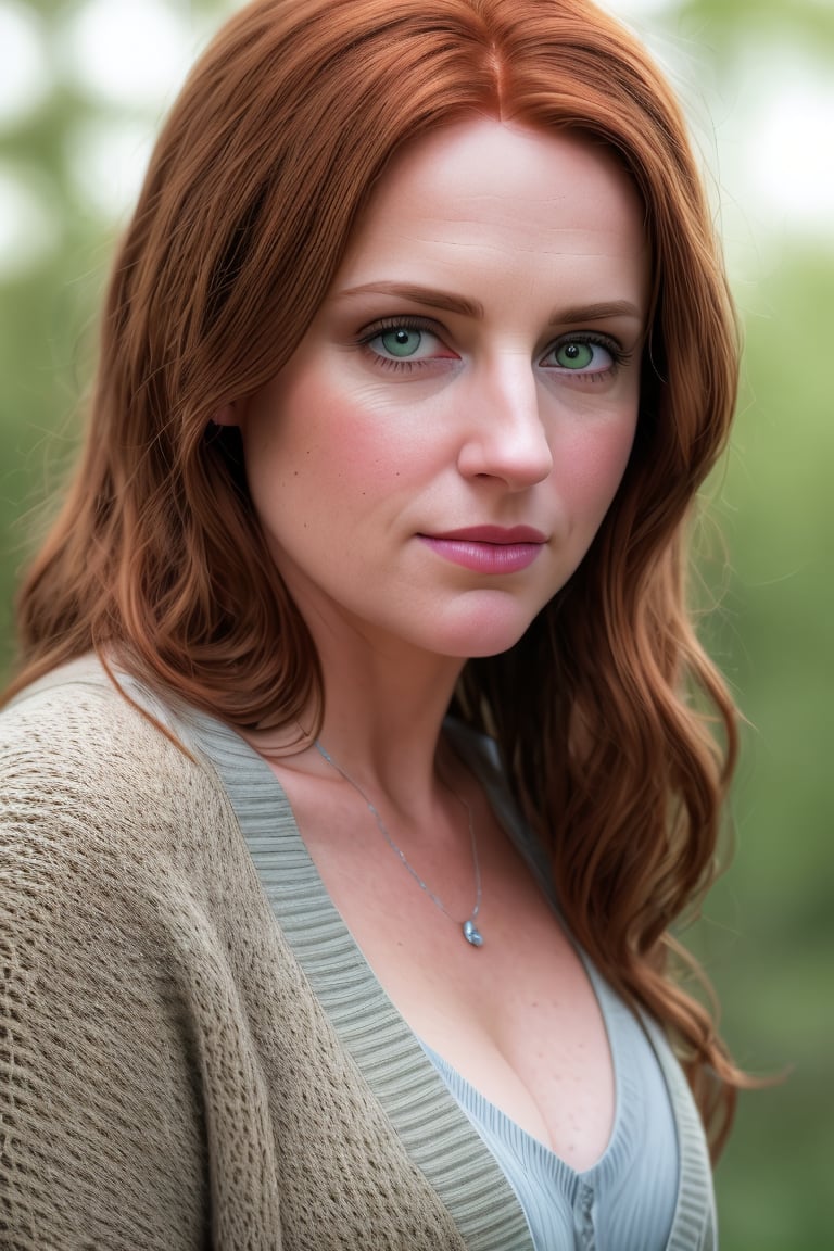 professional portrait photograph, front view, outdoor setting, warm lighting, (solo:1.3), staring into the camera, mature forty year old woman at a nature reserve, long auburn hair, detailed facial features, pale green eyes, wearing a cardigan, exposed cleavage, bokeh, shot on canoneos90d, (hdr:1.2), (50 megapixel:1.4), (80mm:1.1), (wide color gamut:1.4), (absurd res:1.4), (High-quality photography:1.2)