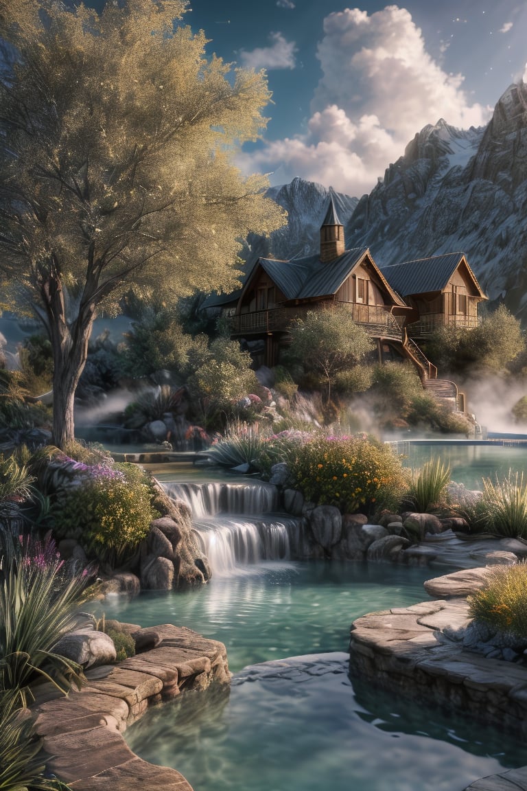 Unparalleled masterpiece, (photorealistic:1.4), best quality, beautiful lighting, (hot spring), (extremely detailed CG unity 8k wallpaper), full shot landscape photo of the most beautiful artwork in the world, cloudy sky background lush landscape house and trees illustration concept art